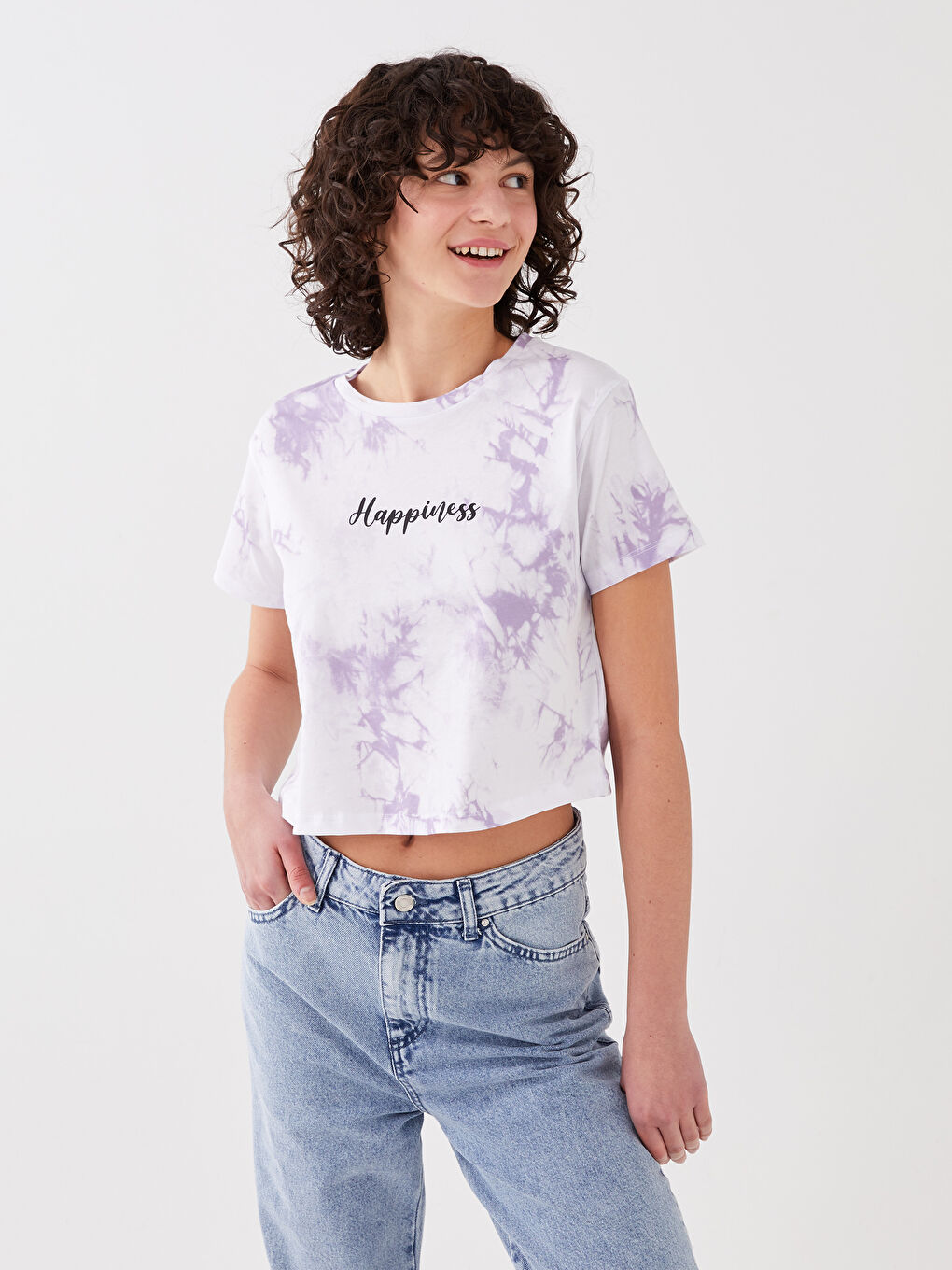 Lila Bisiklet Yaka Baskılı Kısa Kollu Kadın Crop-1