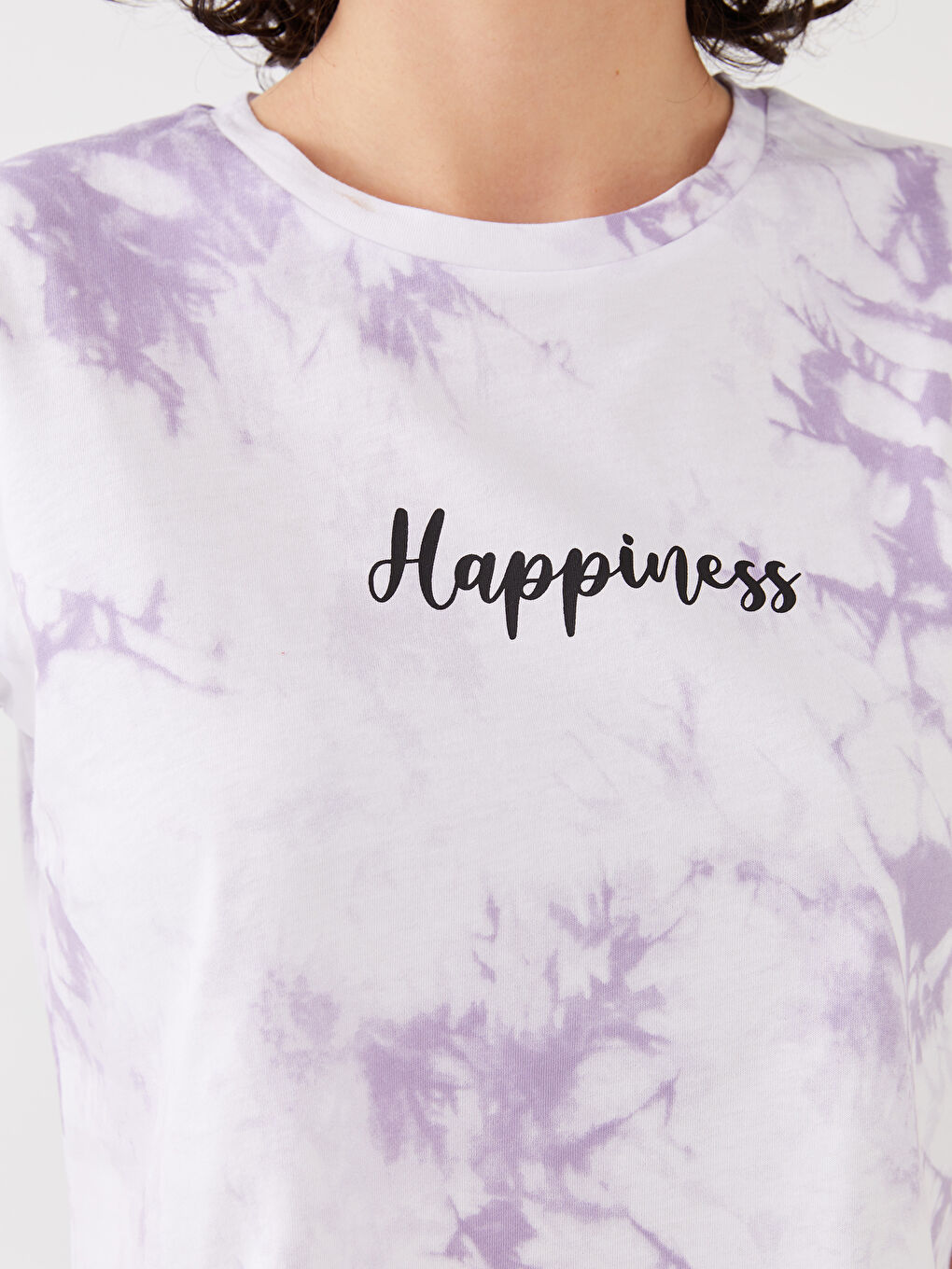 Lila Bisiklet Yaka Baskılı Kısa Kollu Kadın Crop-3