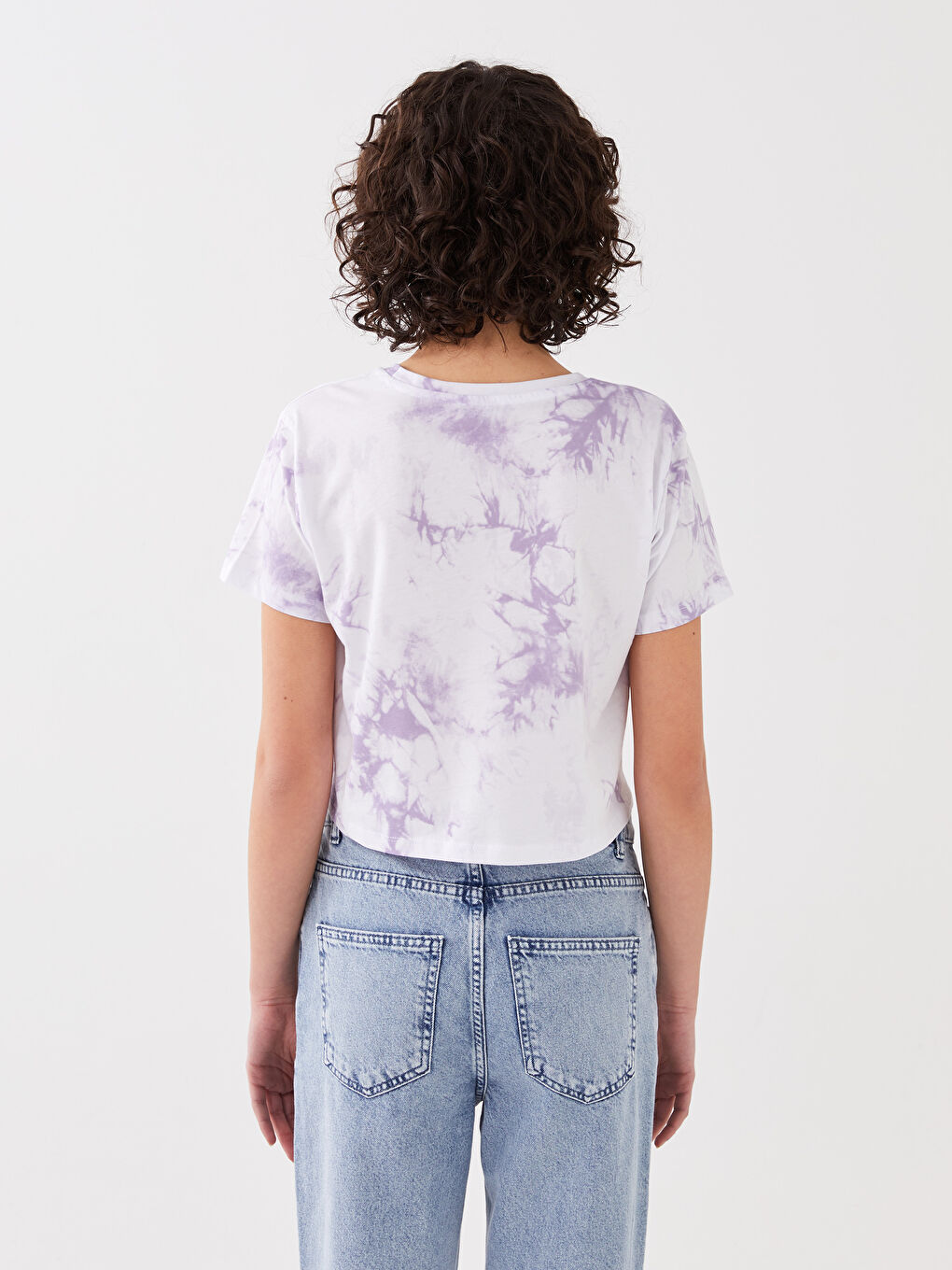 Lila Bisiklet Yaka Baskılı Kısa Kollu Kadın Crop-4