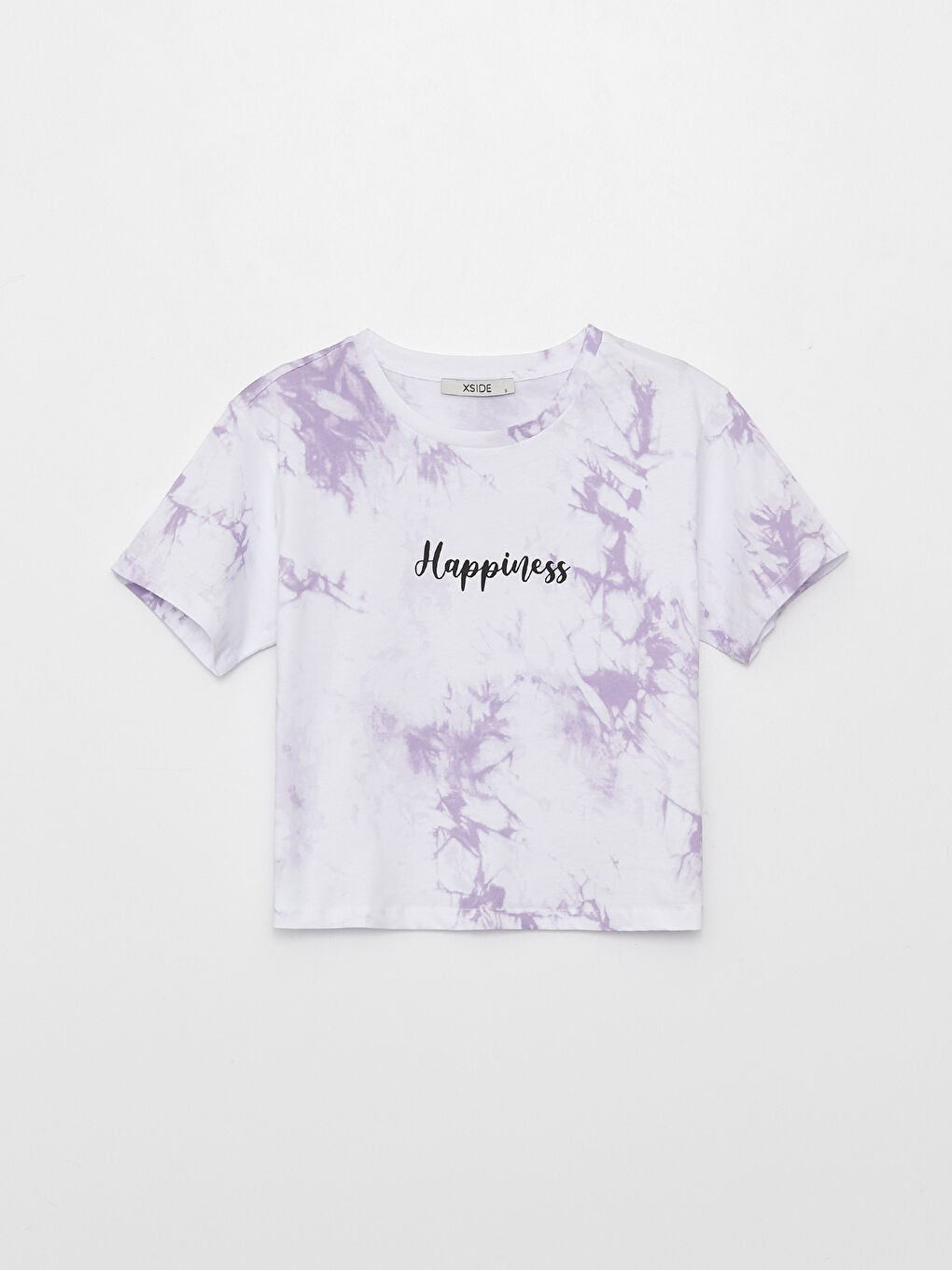 Lila Bisiklet Yaka Baskılı Kısa Kollu Kadın Crop-5