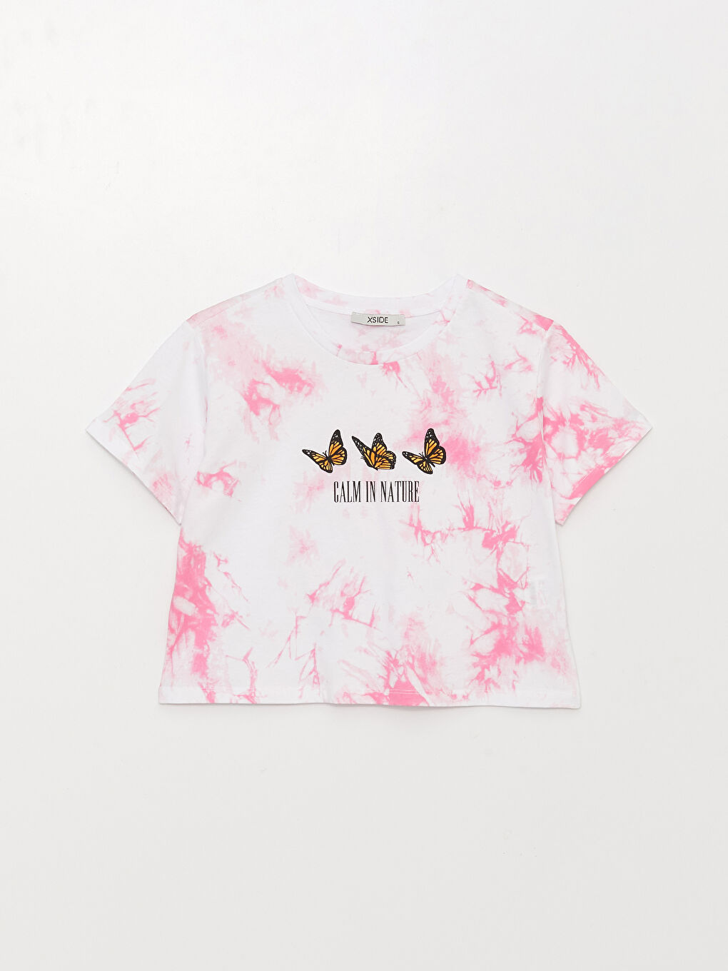 Beyaz Bisiklet Yaka Baskılı Kısa Kollu Kadın Crop-5