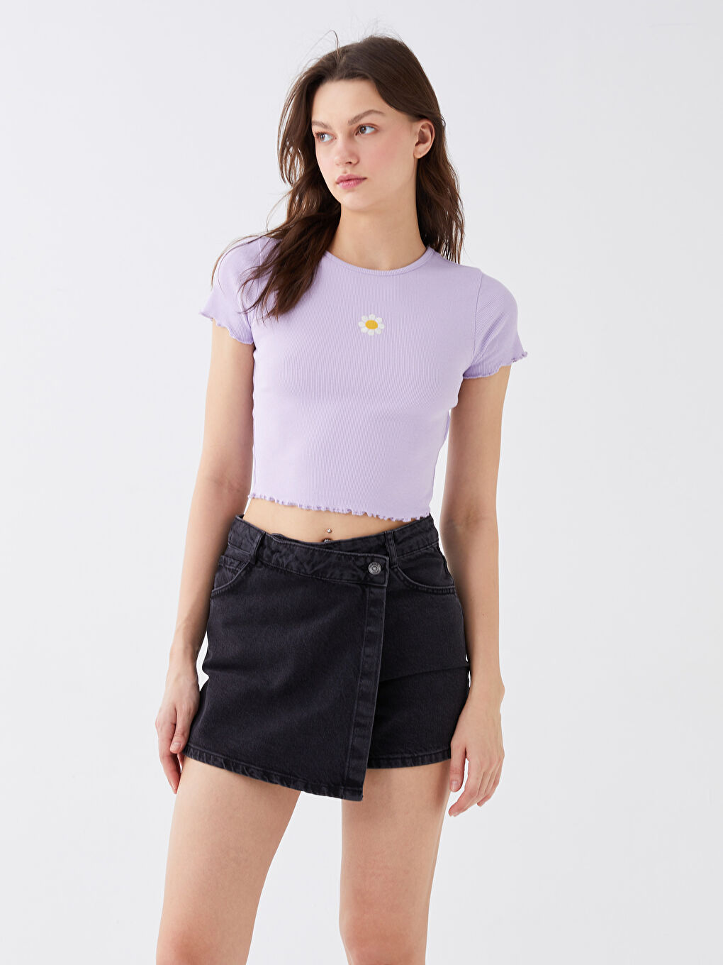 Crew Neck Embroidered Short Sleeve Women's Crop Top-1