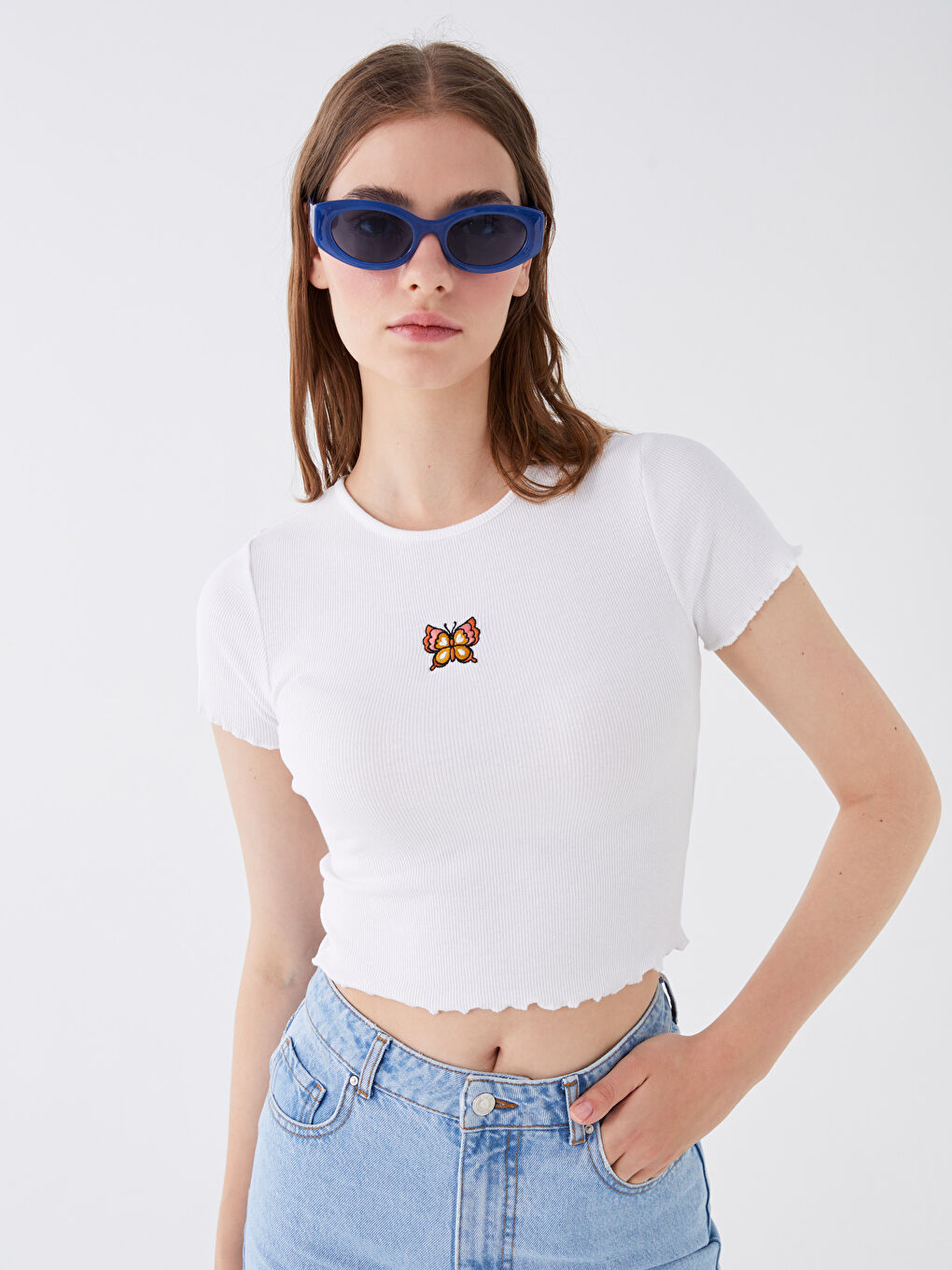 XSIDE Crew Neck Embroidered Short Sleeve Women's Crop Top -S3CY68Z8-JSJ