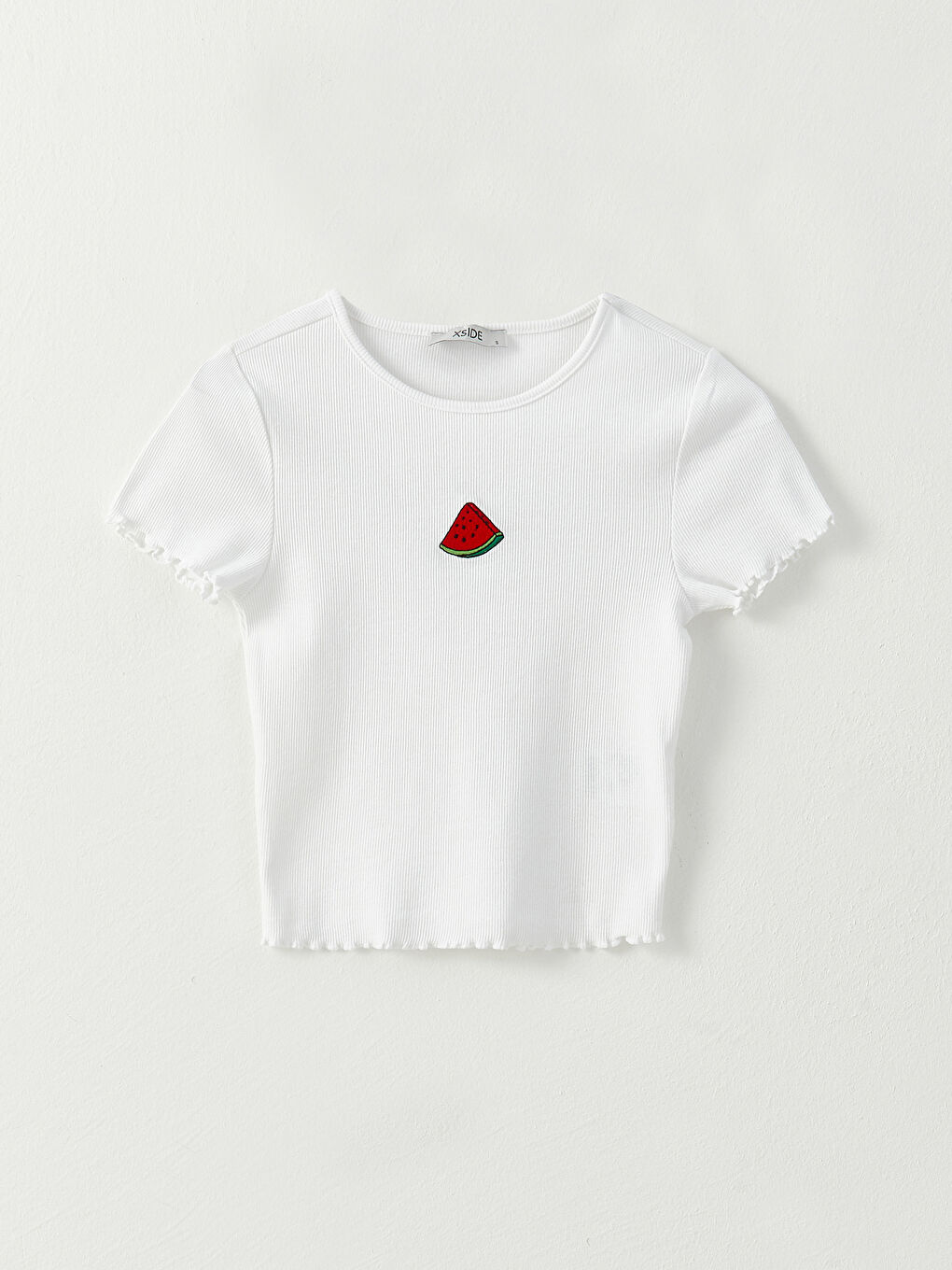 Beyaz Bisiklet Yaka Nakışlı Kısa Kollu Kadın Crop-5