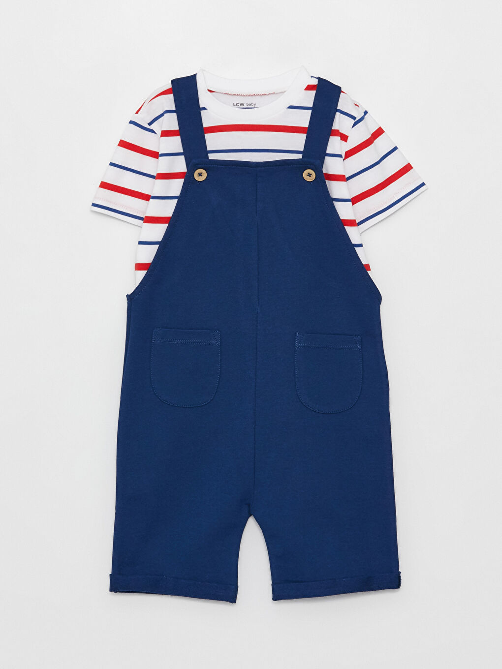 жолақты дөңгелек жағалы ұл бала футболкасы мен салопет 2 данадан тұратын жинақ-3