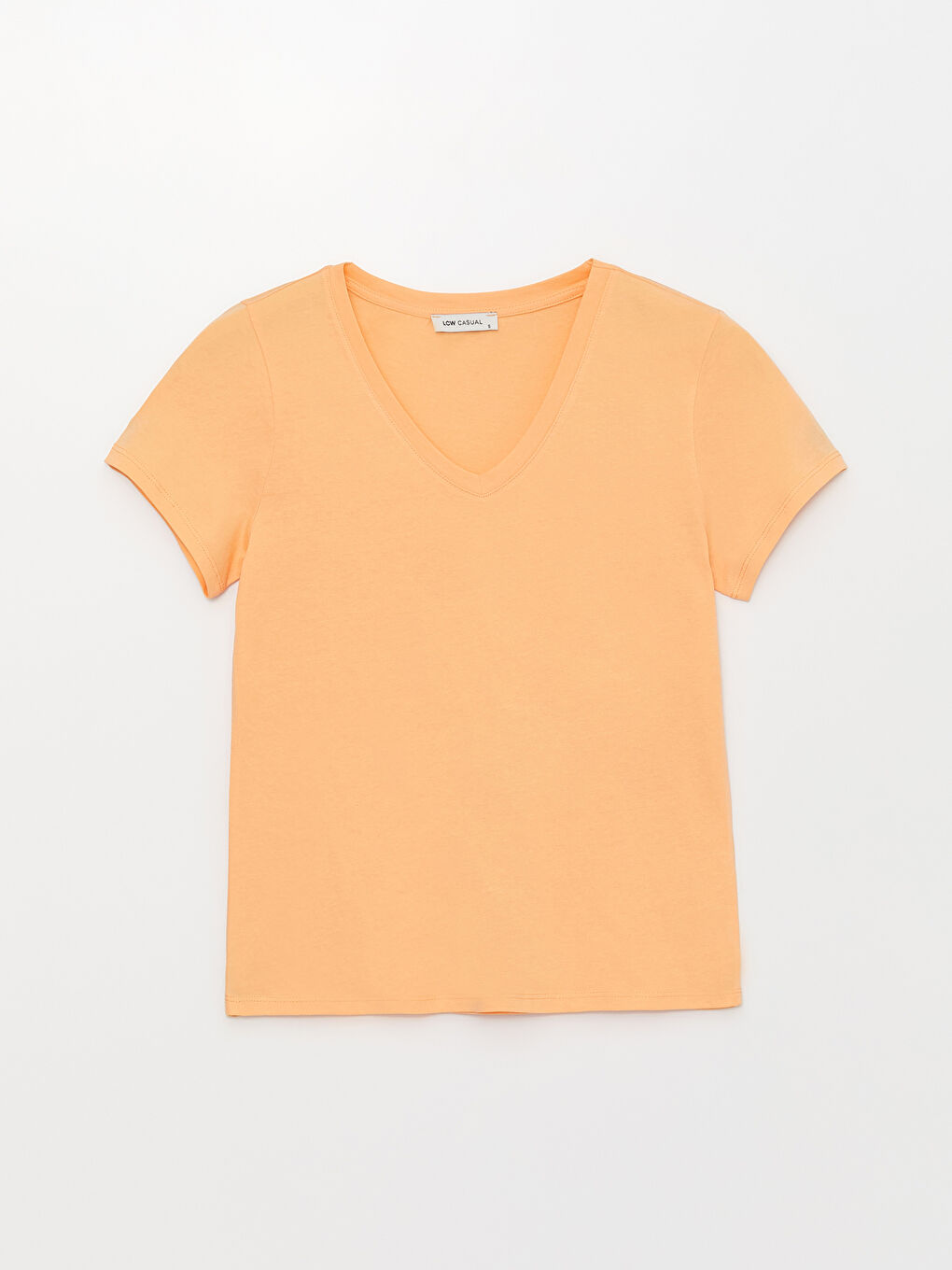 Turuncu V Yaka Düz Kısa Kollu Kadın Tişört-5