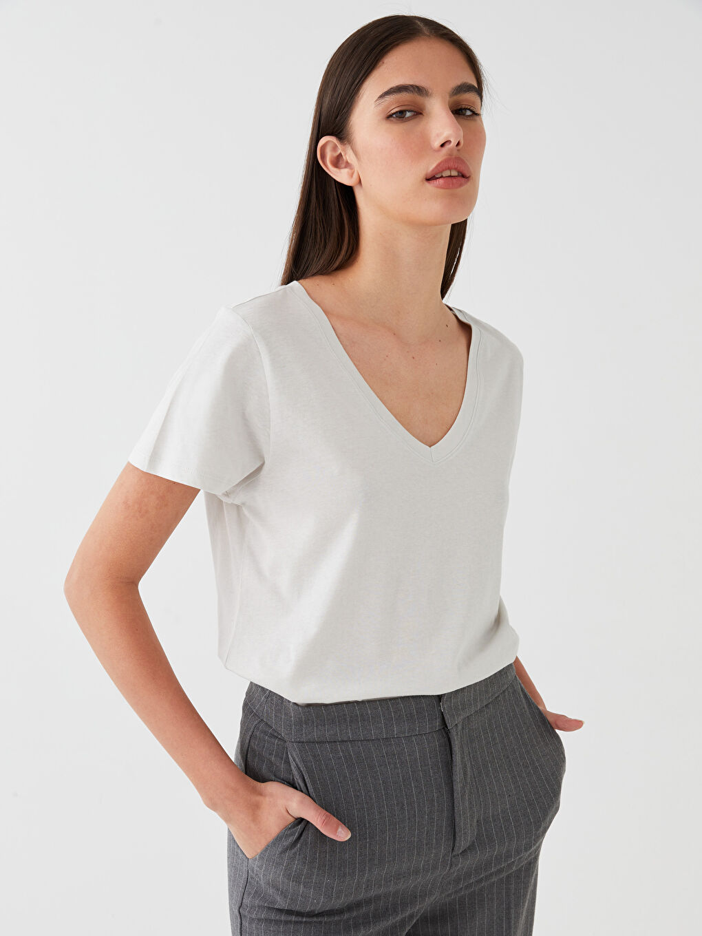 V-Neck Plain Short Sleeve Women's T-Shirt