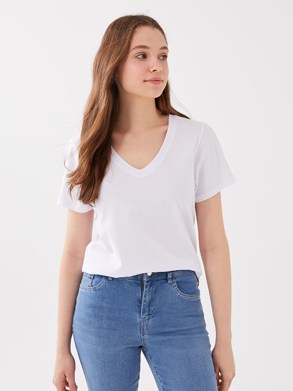 V-Neck Plain Short Sleeve Women's T-Shirt-1
