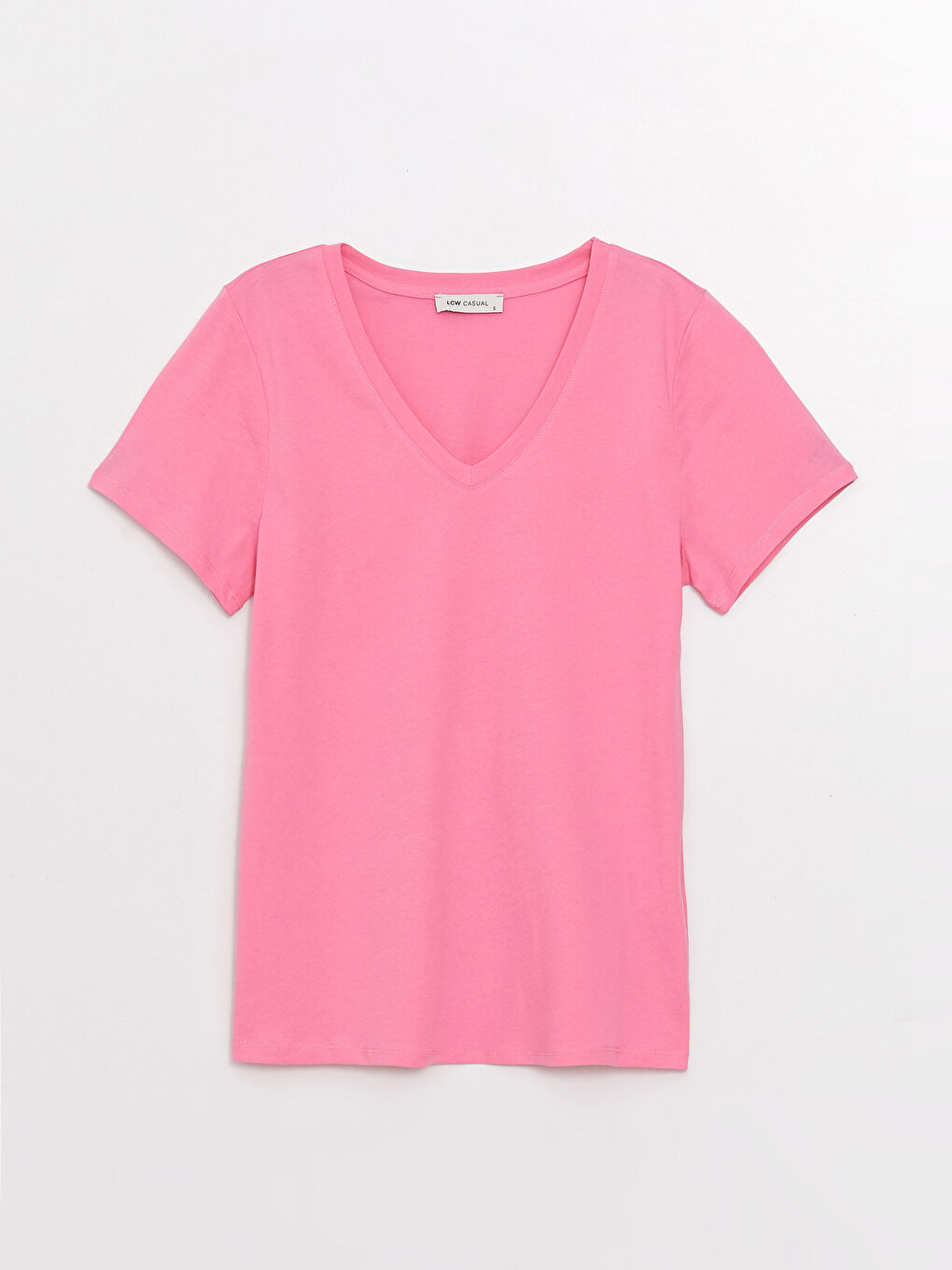 Pembe V Yaka Düz Kısa Kollu Kadın Tişört-5