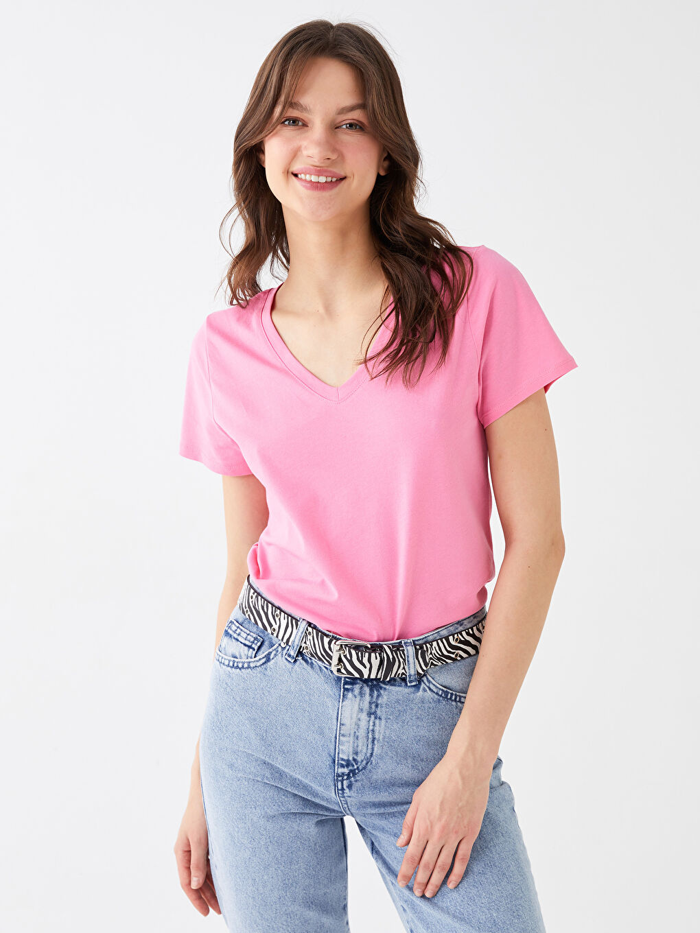 Pembe V Yaka Düz Kısa Kollu Kadın Tişört