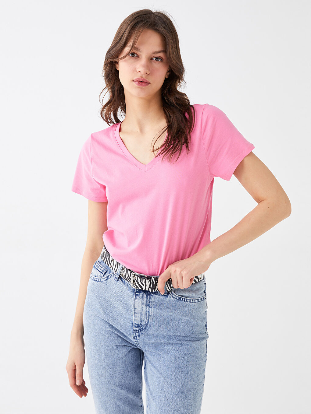 Pembe V Yaka Düz Kısa Kollu Kadın Tişört-1