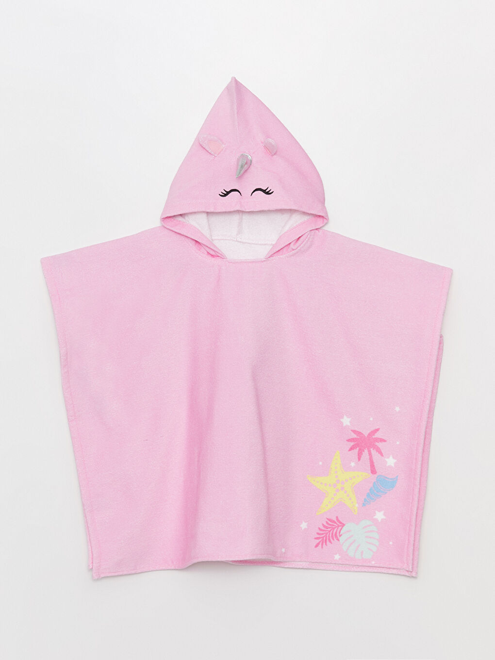 Pembe Kapüşonlu Desenli Kız Çocuk Plaj Havlusu