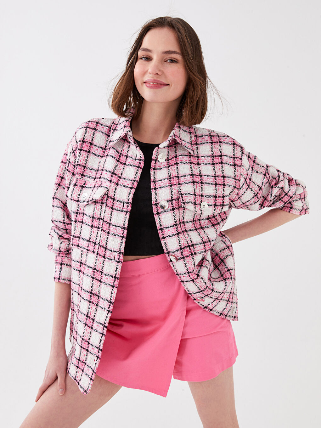 Jachetă Cămașă Femei Tweed Mânecă Lungă Carouri