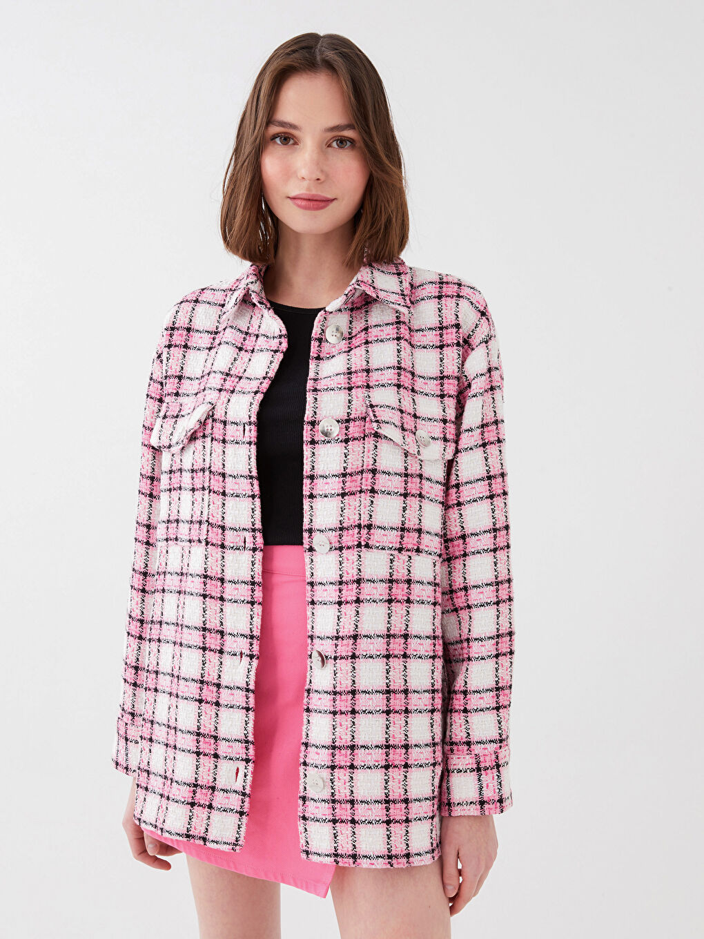 Jachetă Cămașă Femei Tweed Mânecă Lungă Carouri-1