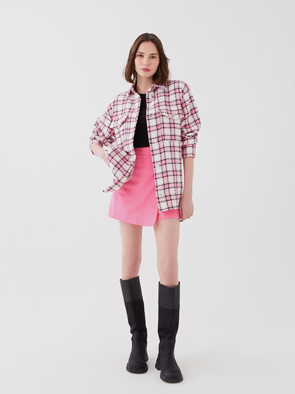 Jachetă Cămașă Femei Tweed Mânecă Lungă Carouri-2