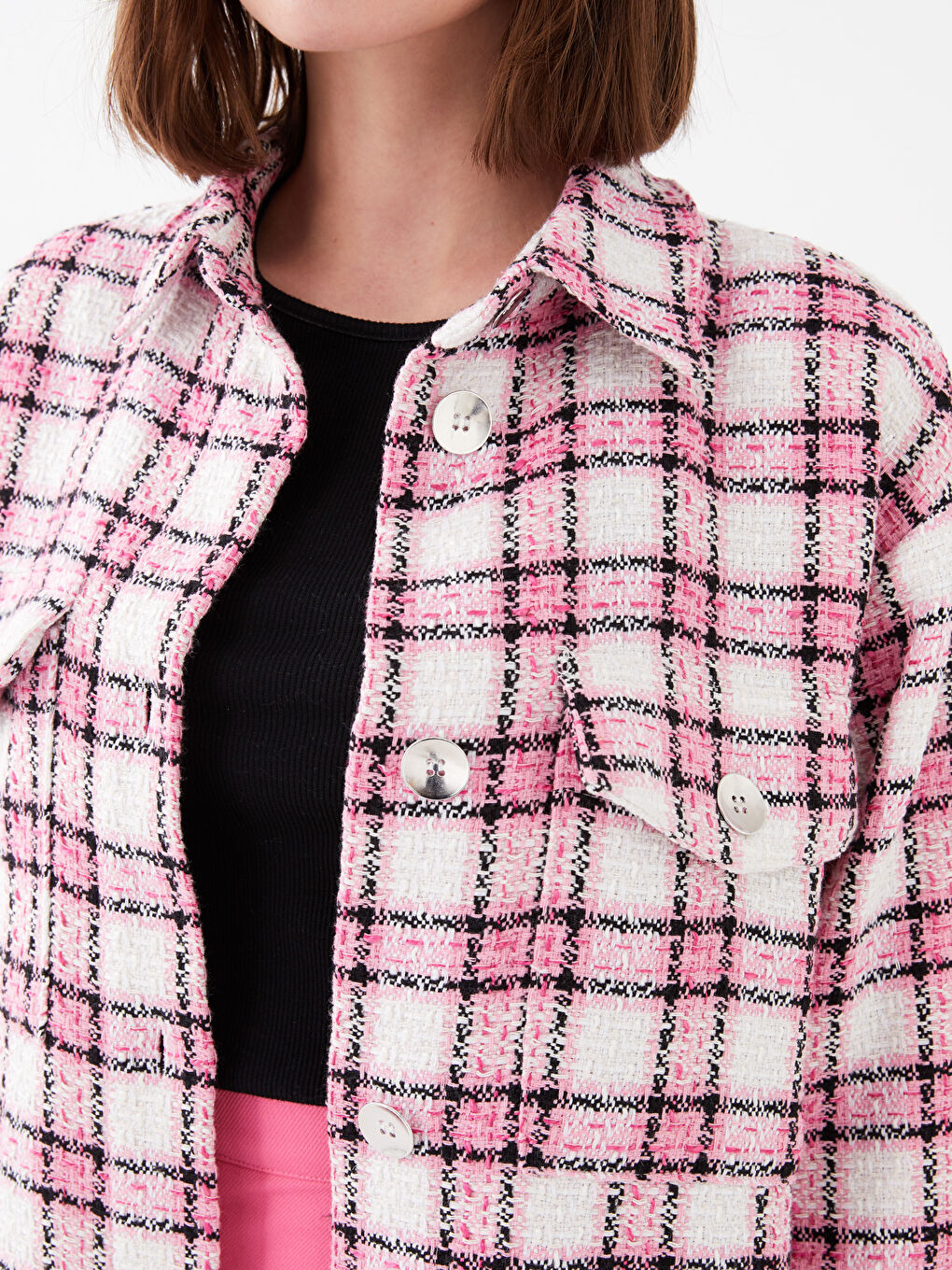 Jachetă Cămașă Femei Tweed Mânecă Lungă Carouri-3