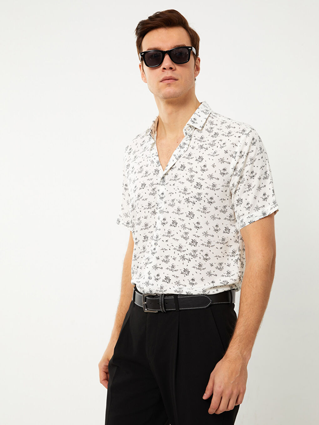 Cămașă Slim Fit Pentru Bărbați cu Mânecă Scurtă, cu Model, din Vâscoză-1