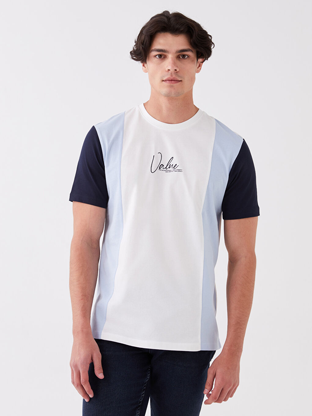 Beyaz Bisiklet Yaka Kısa Kollu Renk Bloklu Penye Erkek Tişört