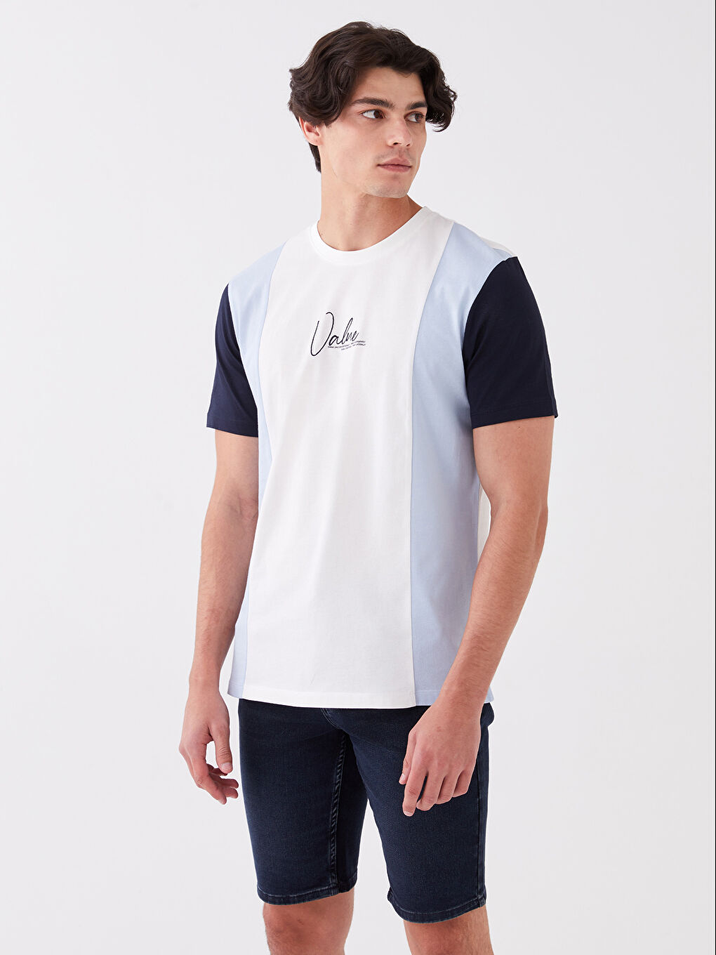 Beyaz Bisiklet Yaka Kısa Kollu Renk Bloklu Penye Erkek Tişört-1