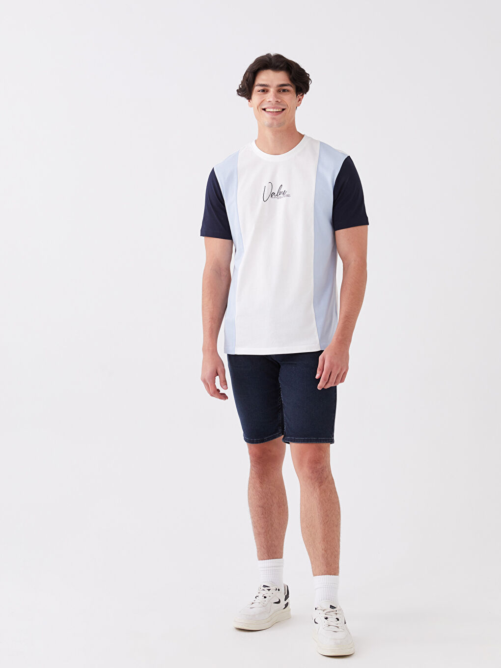 Beyaz Bisiklet Yaka Kısa Kollu Renk Bloklu Penye Erkek Tişört-2