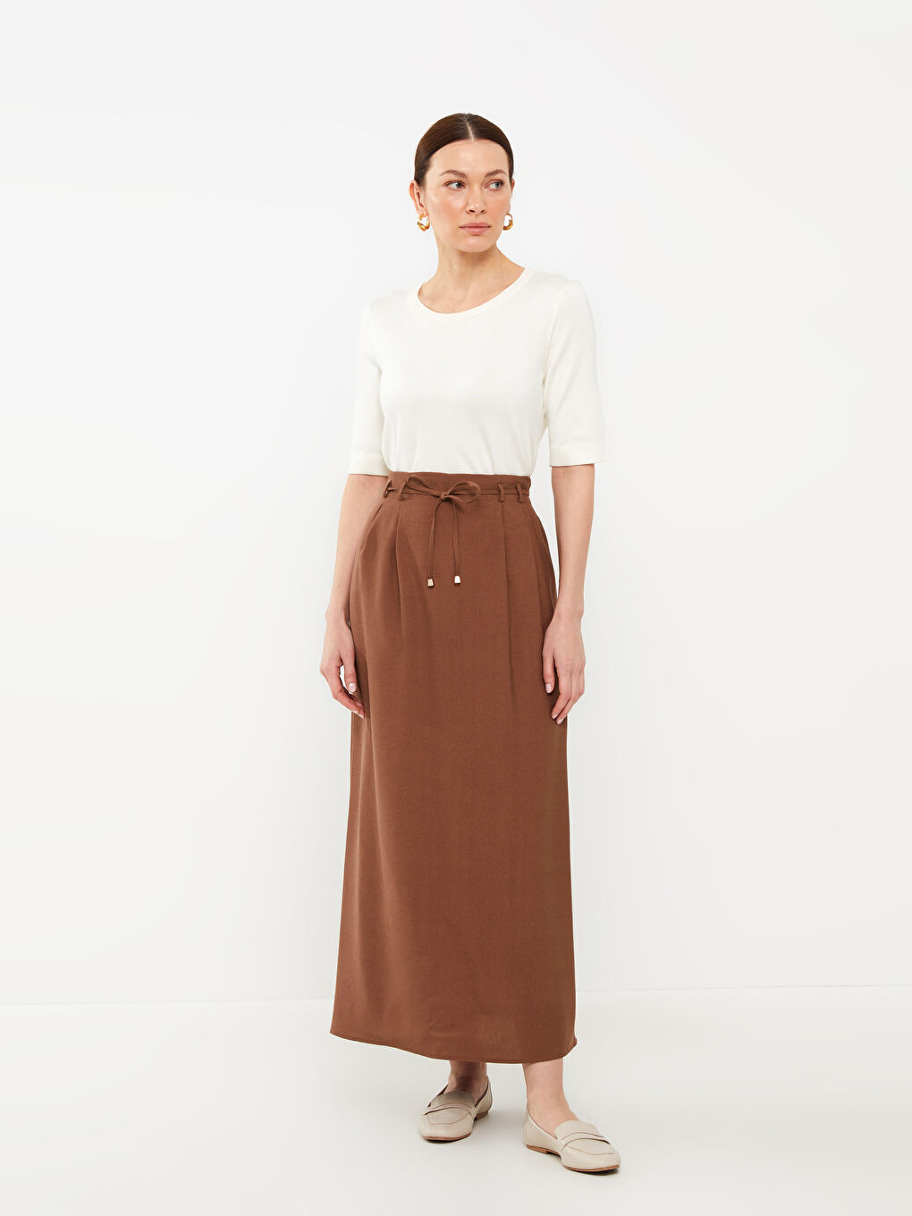 Kahverengi Kadın Beli Arkadan Lastikli Düz Etek-1