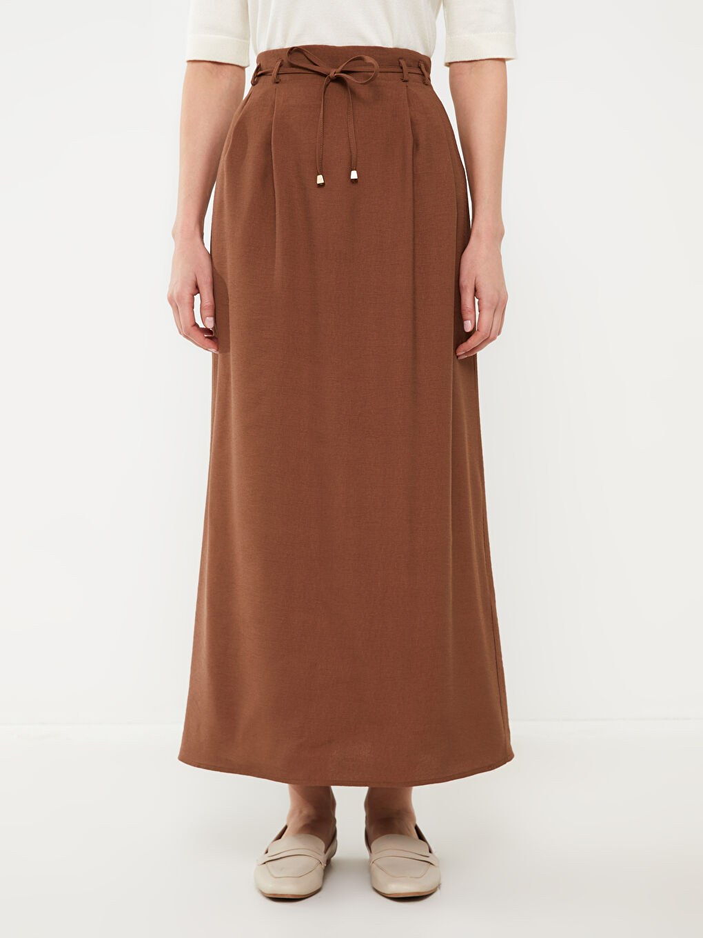 Kahverengi Kadın Beli Arkadan Lastikli Düz Etek-5