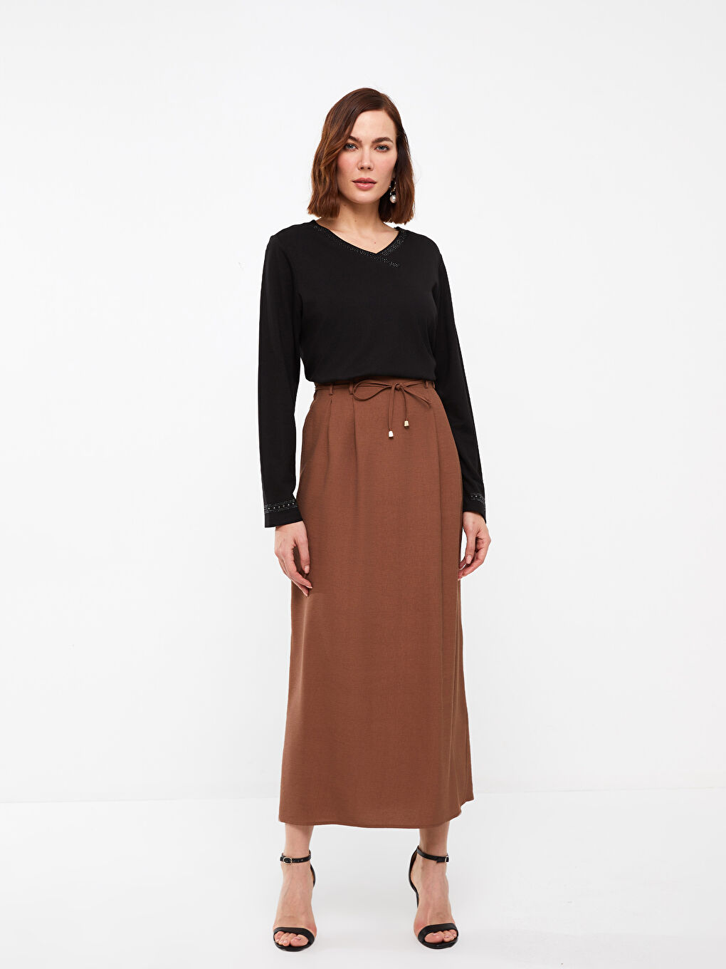 Kahverengi Kadın Beli Arkadan Lastikli Düz Etek-2