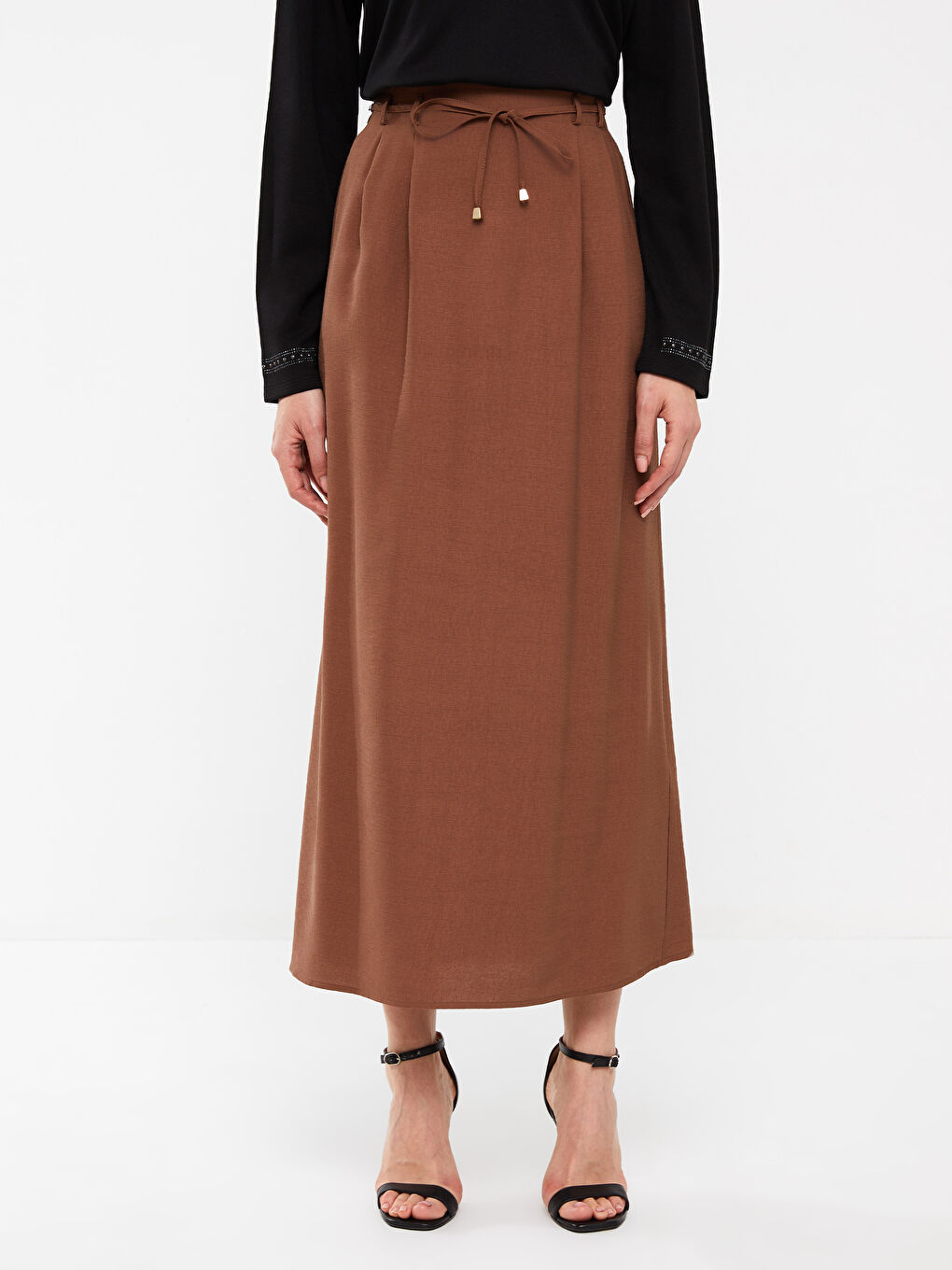 Kahverengi Kadın Beli Arkadan Lastikli Düz Etek-6