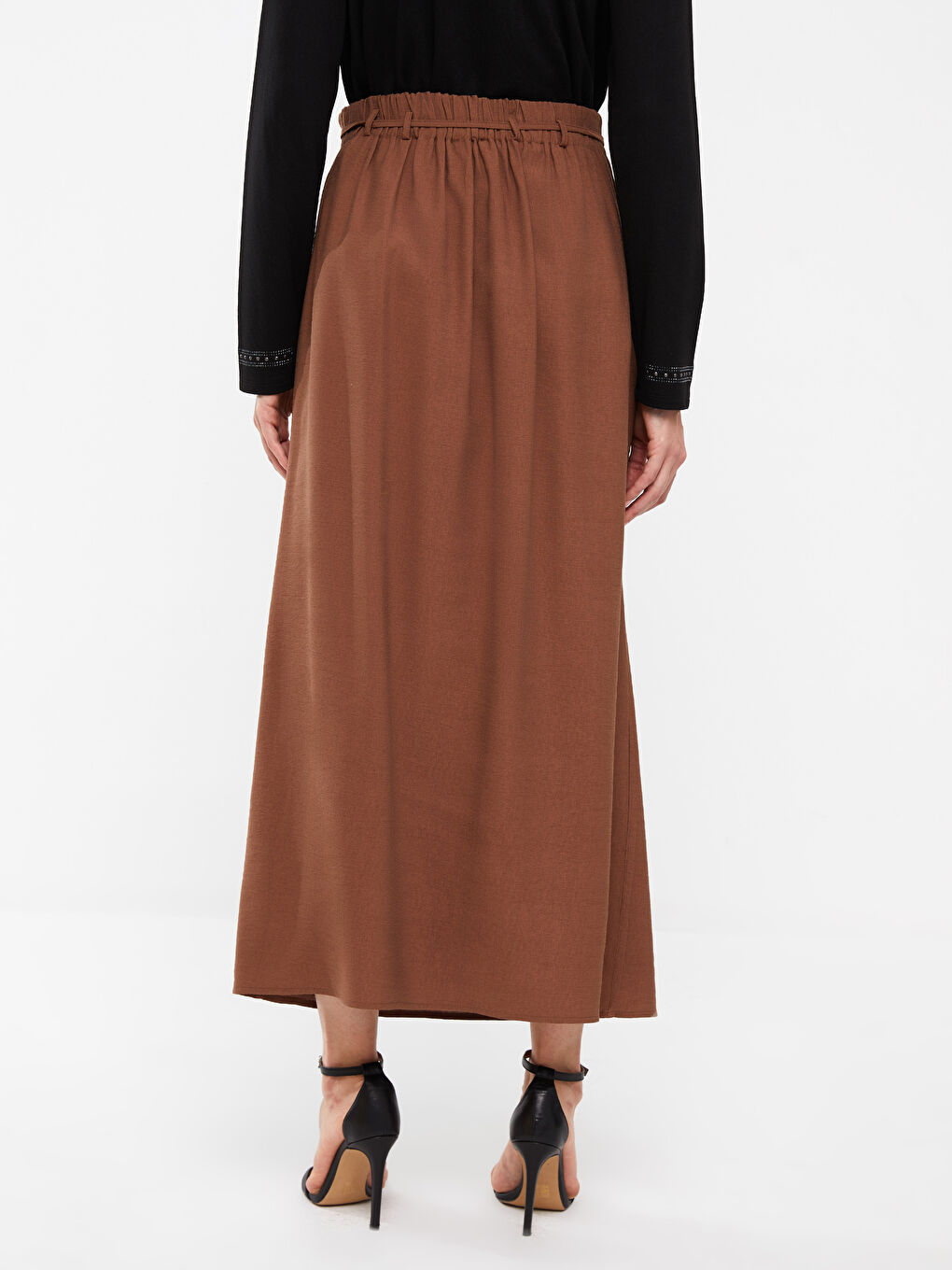 Kahverengi Kadın Beli Arkadan Lastikli Düz Etek-8