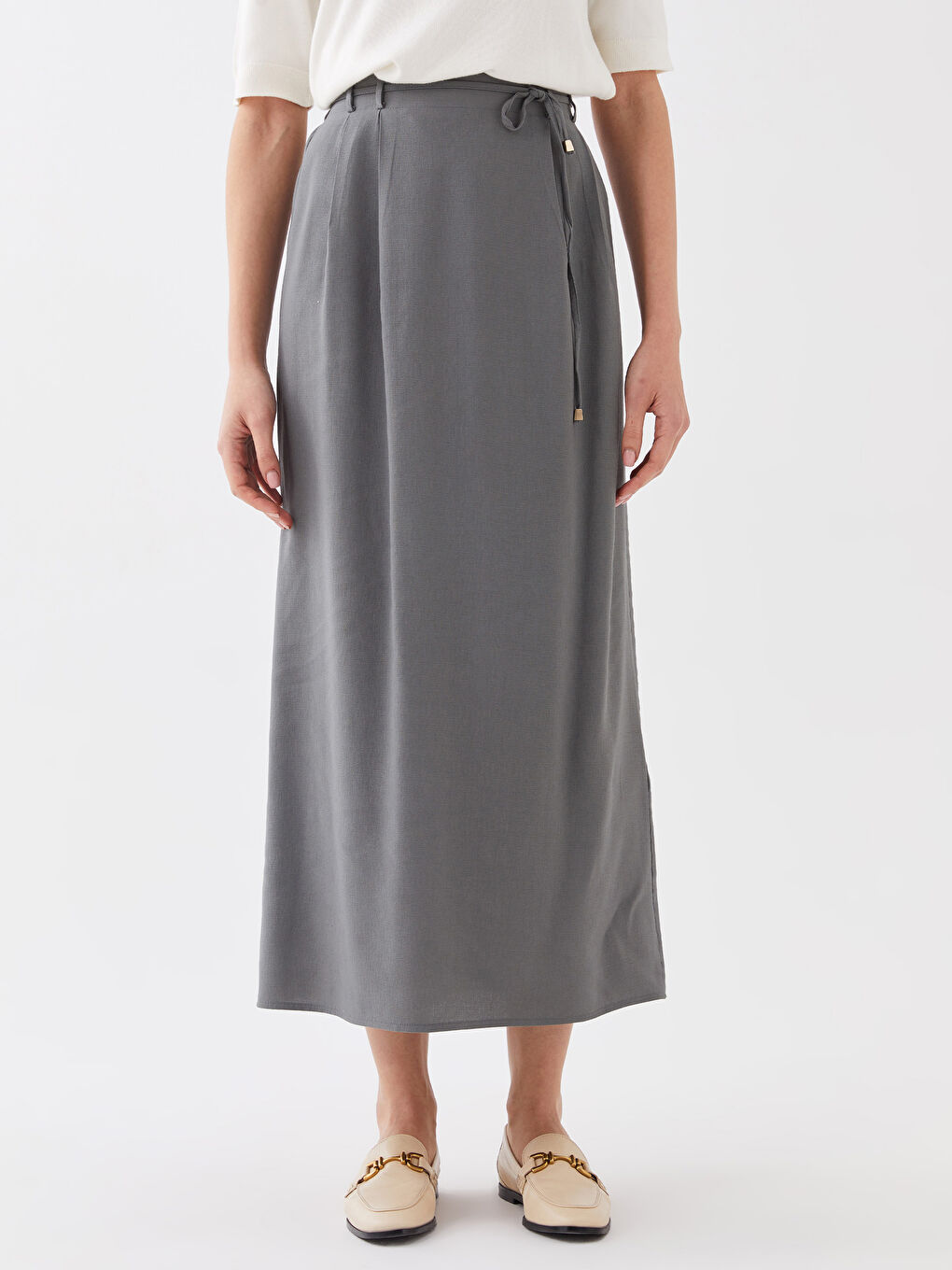 Haki Kadın Beli Arkadan Lastikli Düz Etek-3