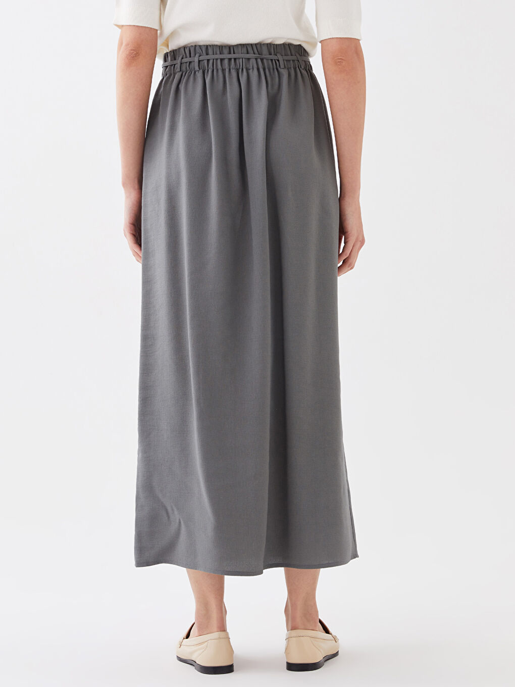 Haki Kadın Beli Arkadan Lastikli Düz Etek-4