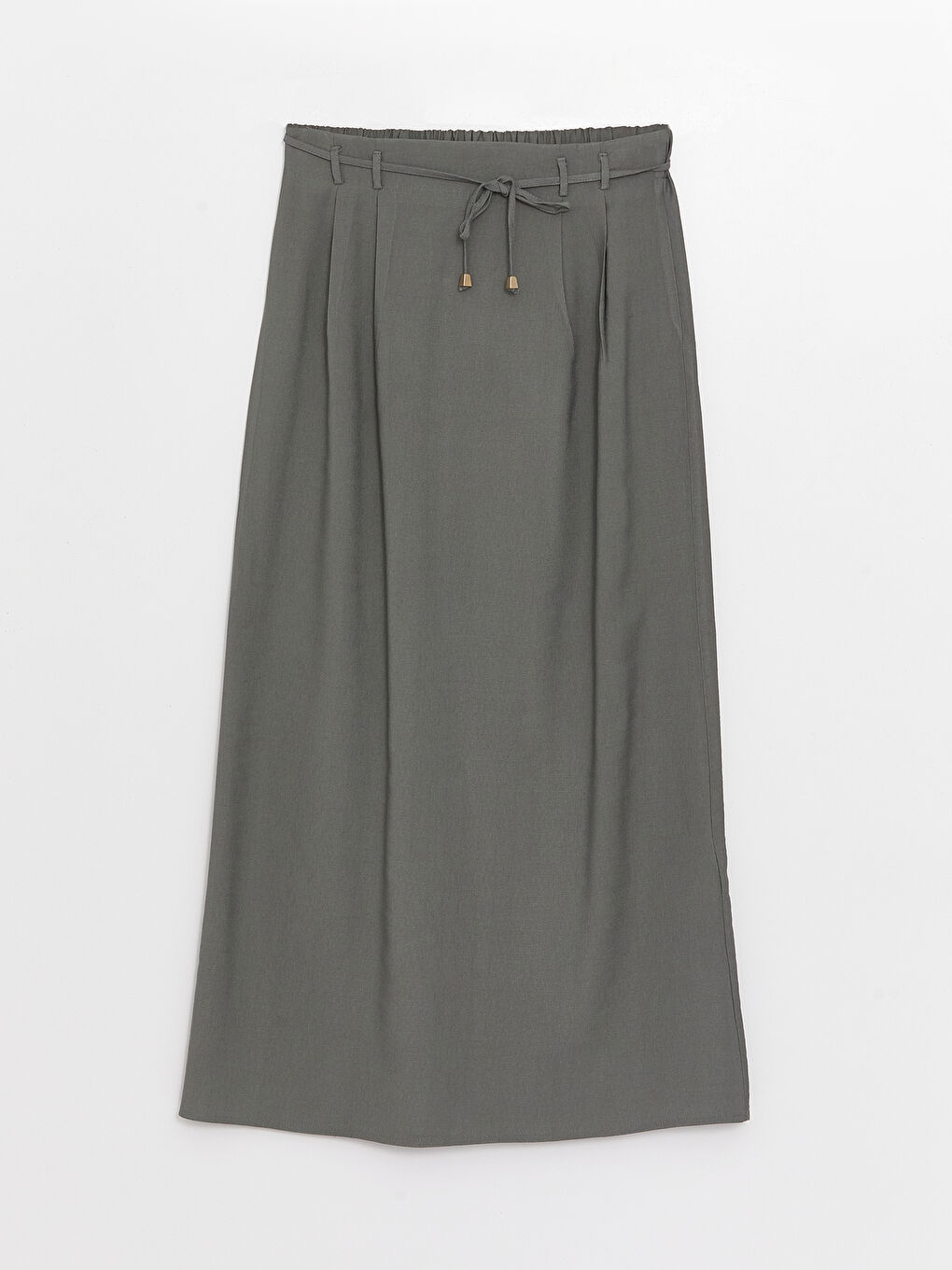 Haki Kadın Beli Arkadan Lastikli Düz Etek-5