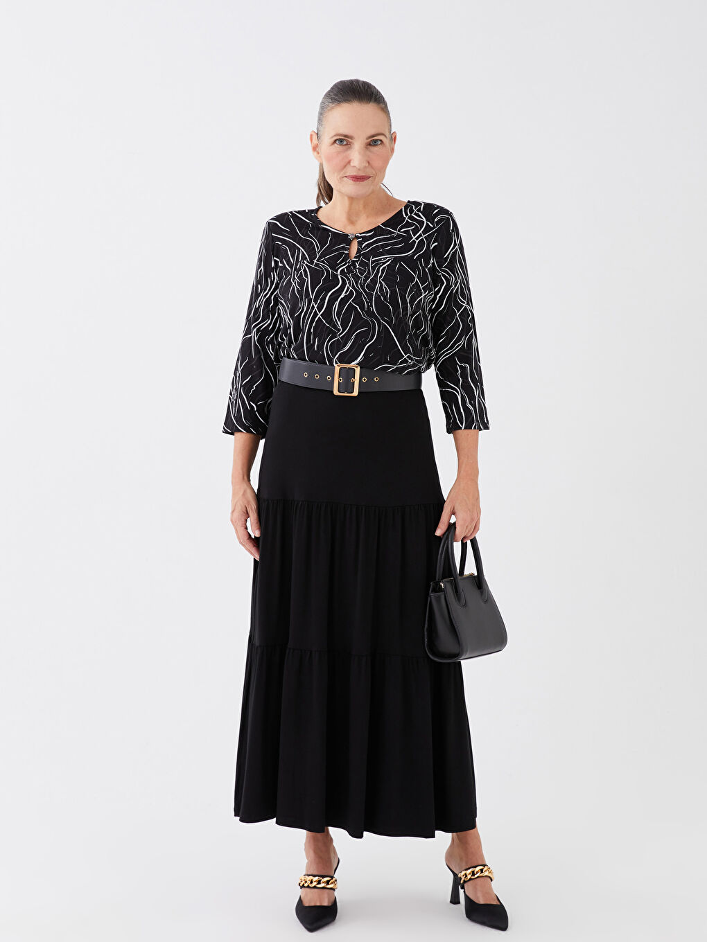 Siyah Kadın Beli Lastikli Düz Kloş Etek