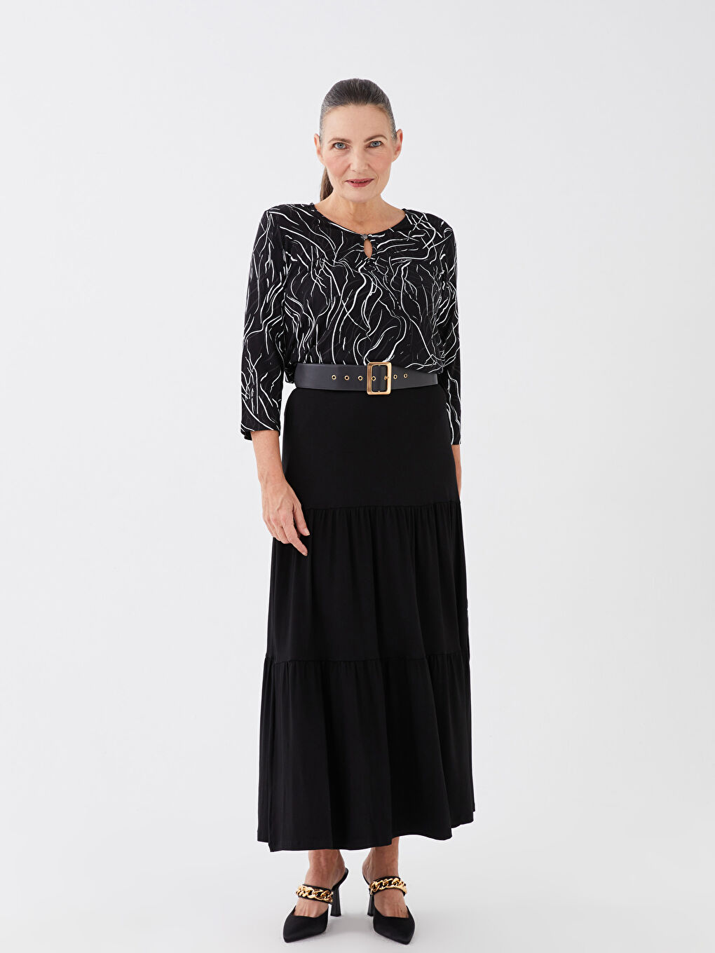 Siyah Kadın Beli Lastikli Düz Kloş Etek-1