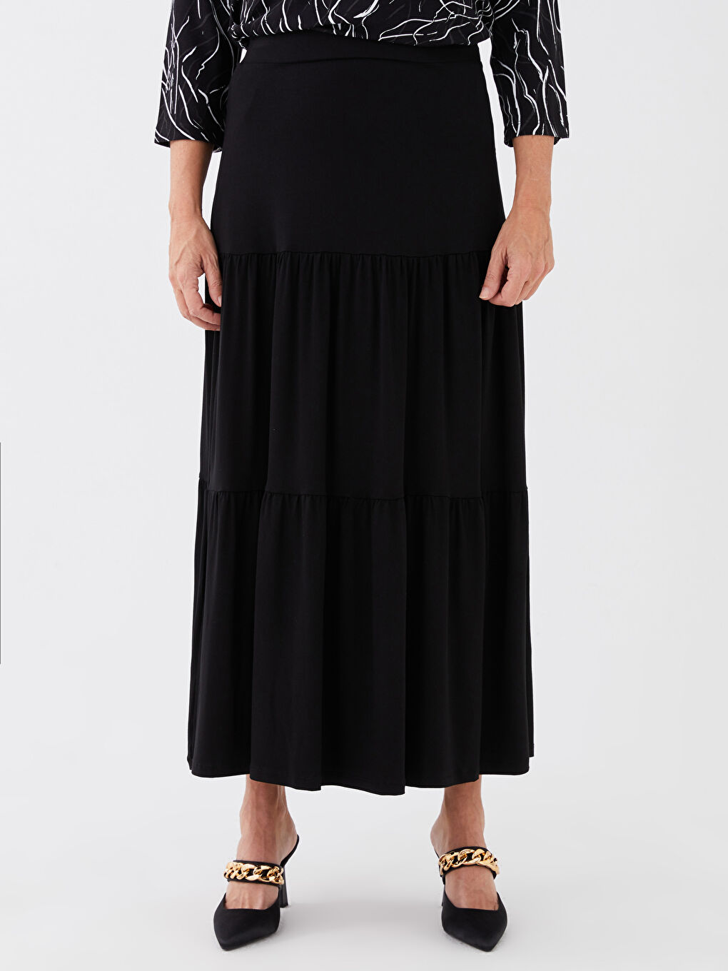 Siyah Kadın Beli Lastikli Düz Kloş Etek-2