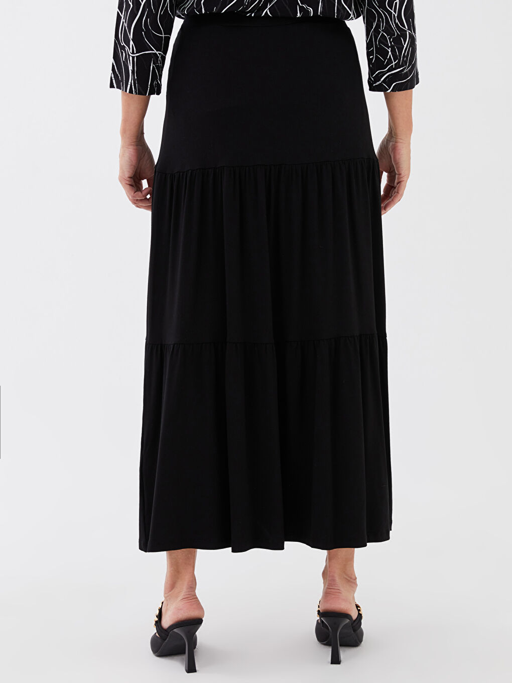 Siyah Kadın Beli Lastikli Düz Kloş Etek-4