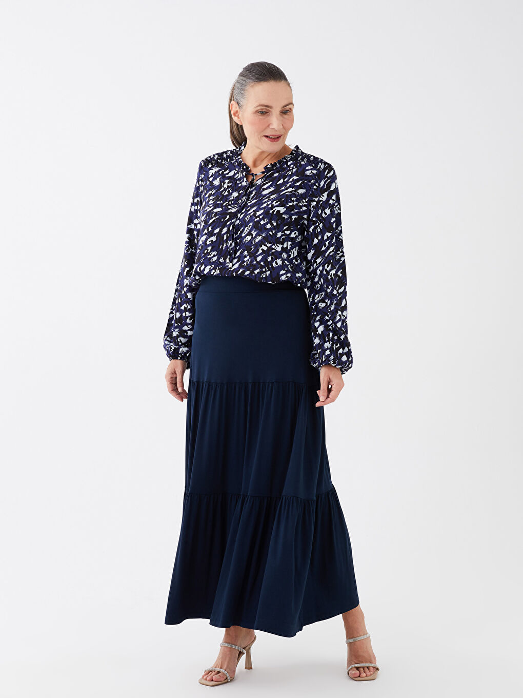 Lacivert Kadın Beli Lastikli Düz Kloş Etek