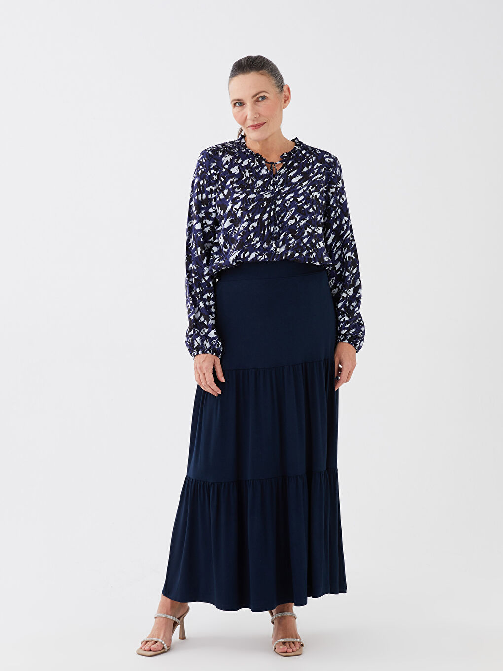 Lacivert Kadın Beli Lastikli Düz Kloş Etek-1