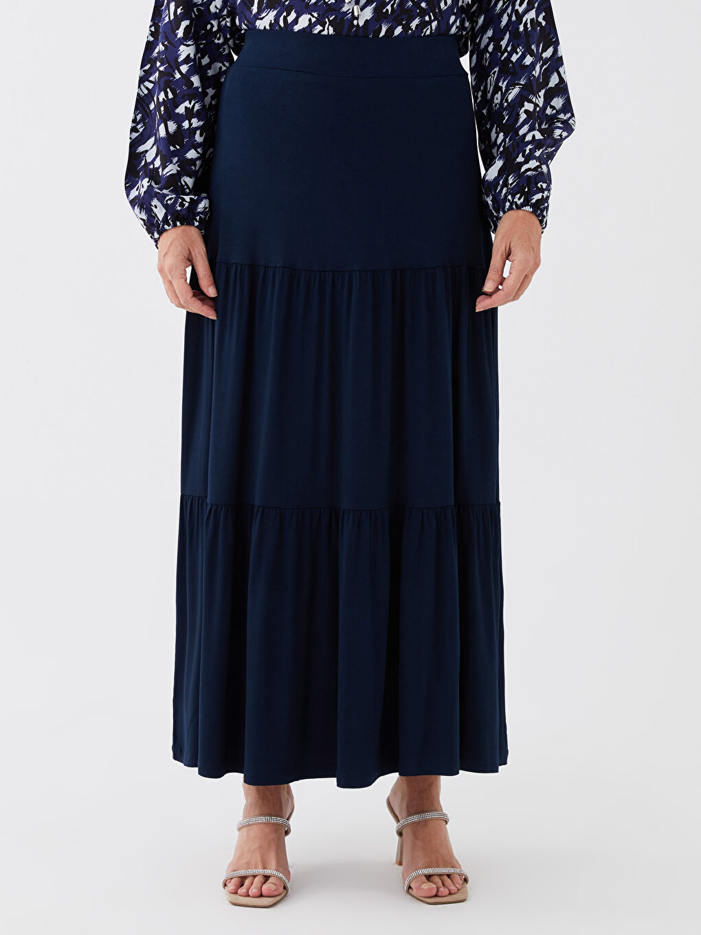 Lacivert Kadın Beli Lastikli Düz Kloş Etek-2