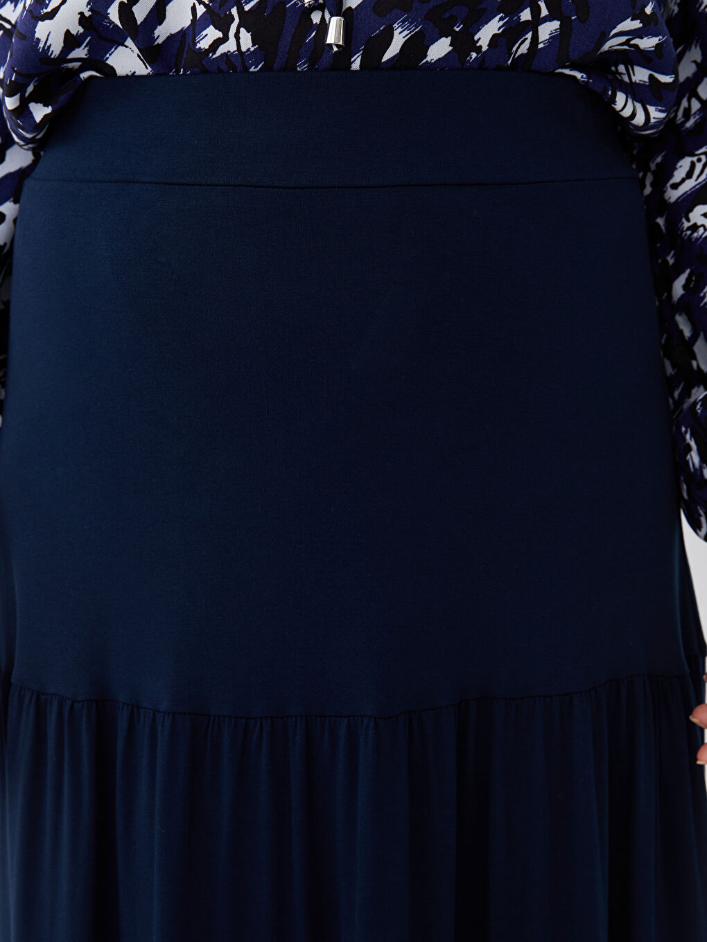 Lacivert Kadın Beli Lastikli Düz Kloş Etek-3