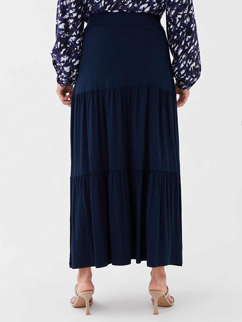Lacivert Kadın Beli Lastikli Düz Kloş Etek-4