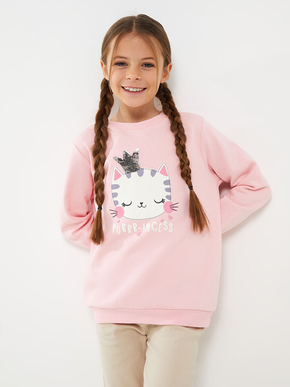 Crew Neck Printed Long Sleeve Girls' Sweatshirt