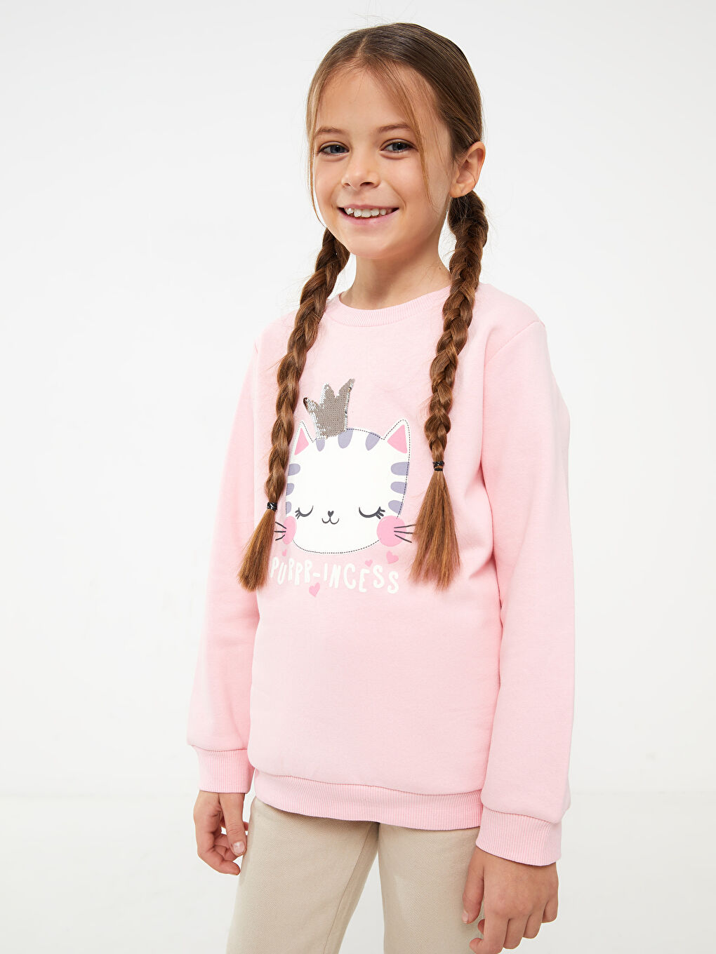 Crew Neck Printed Long Sleeve Girls' Sweatshirt-1