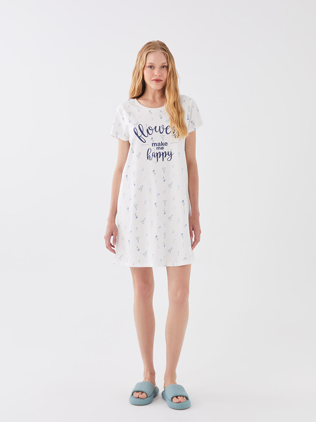 Ekru Bisiklet Yaka Desenli Kısa Kollu Kadın Gecelik