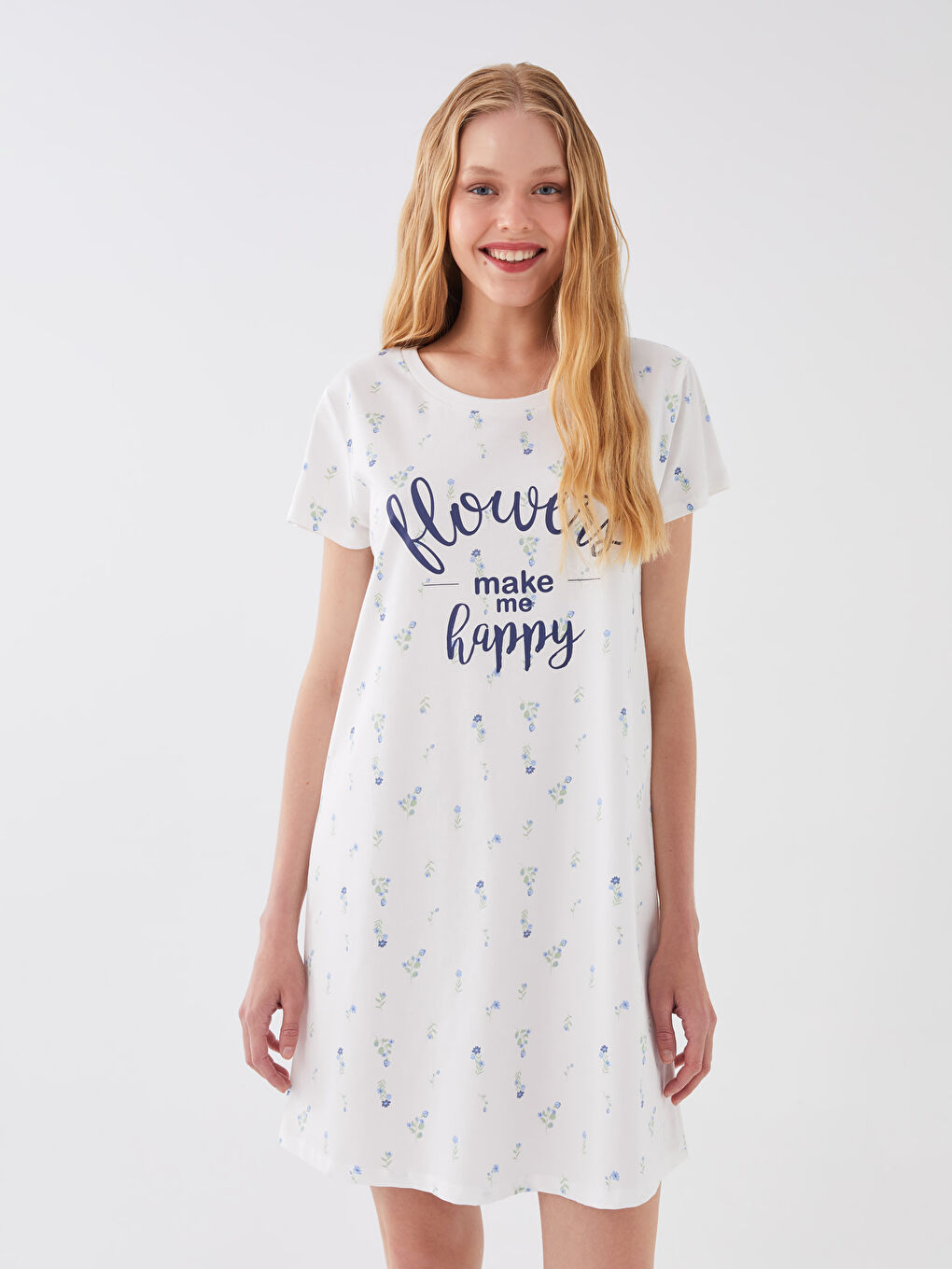 Ekru Bisiklet Yaka Desenli Kısa Kollu Kadın Gecelik-1