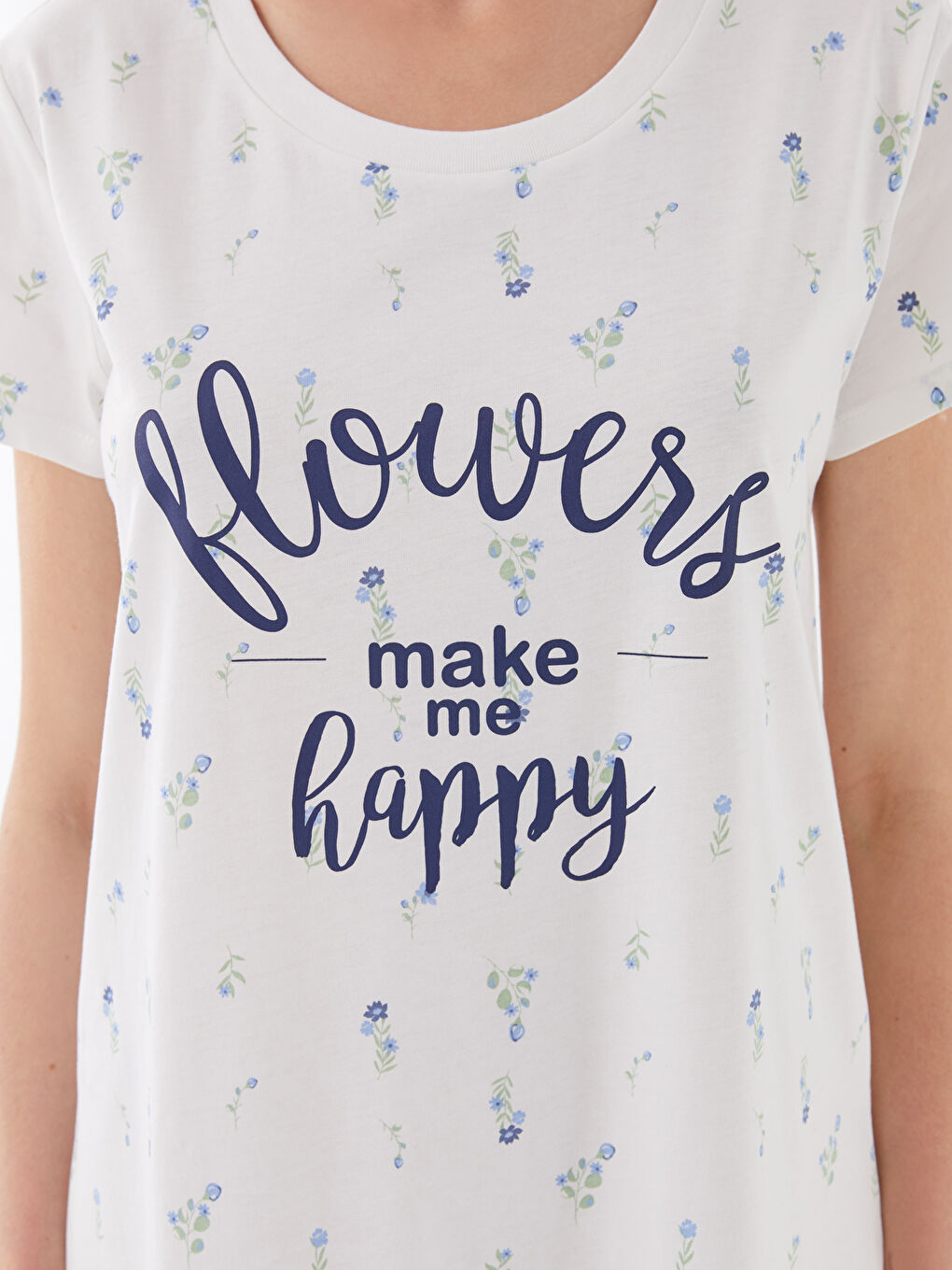 Ekru Bisiklet Yaka Desenli Kısa Kollu Kadın Gecelik-2