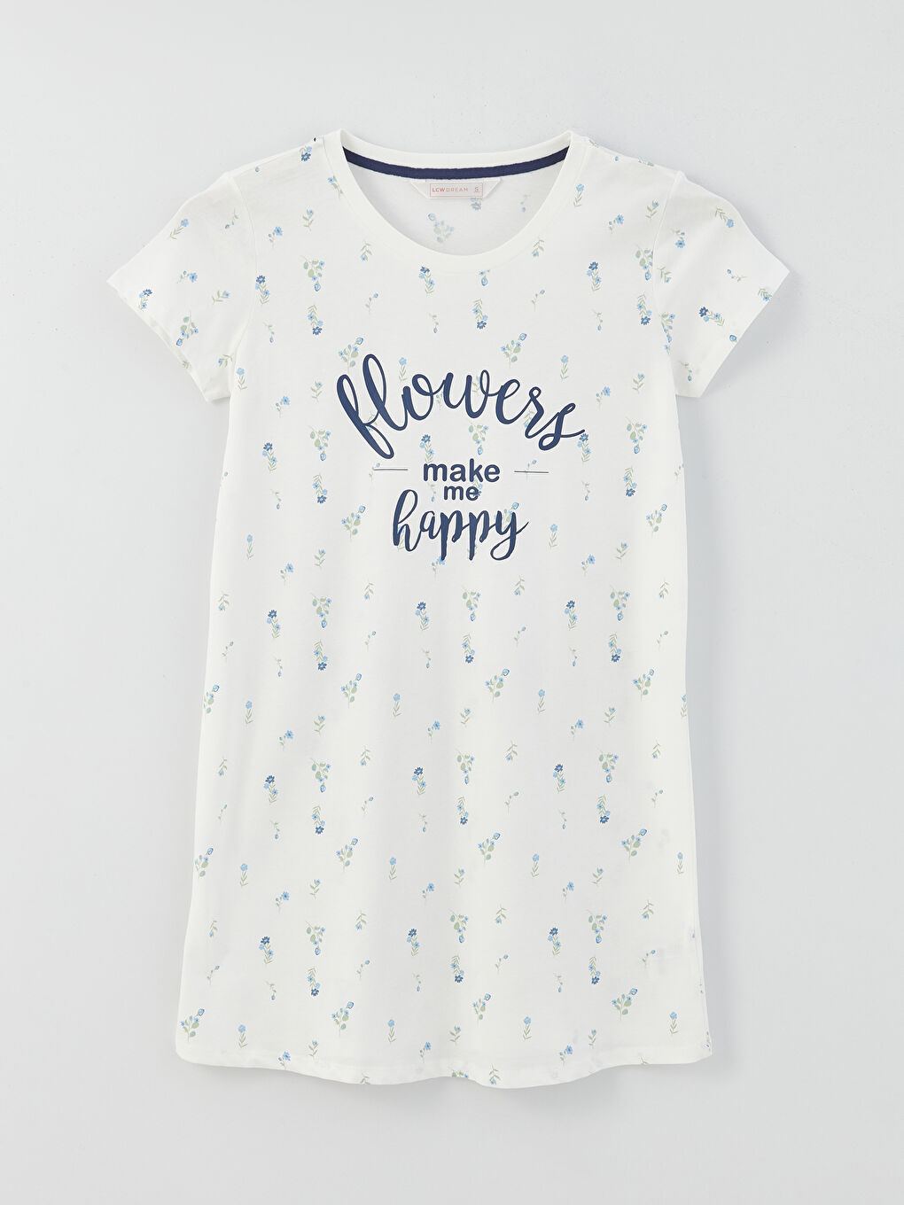 Ekru Bisiklet Yaka Desenli Kısa Kollu Kadın Gecelik-4