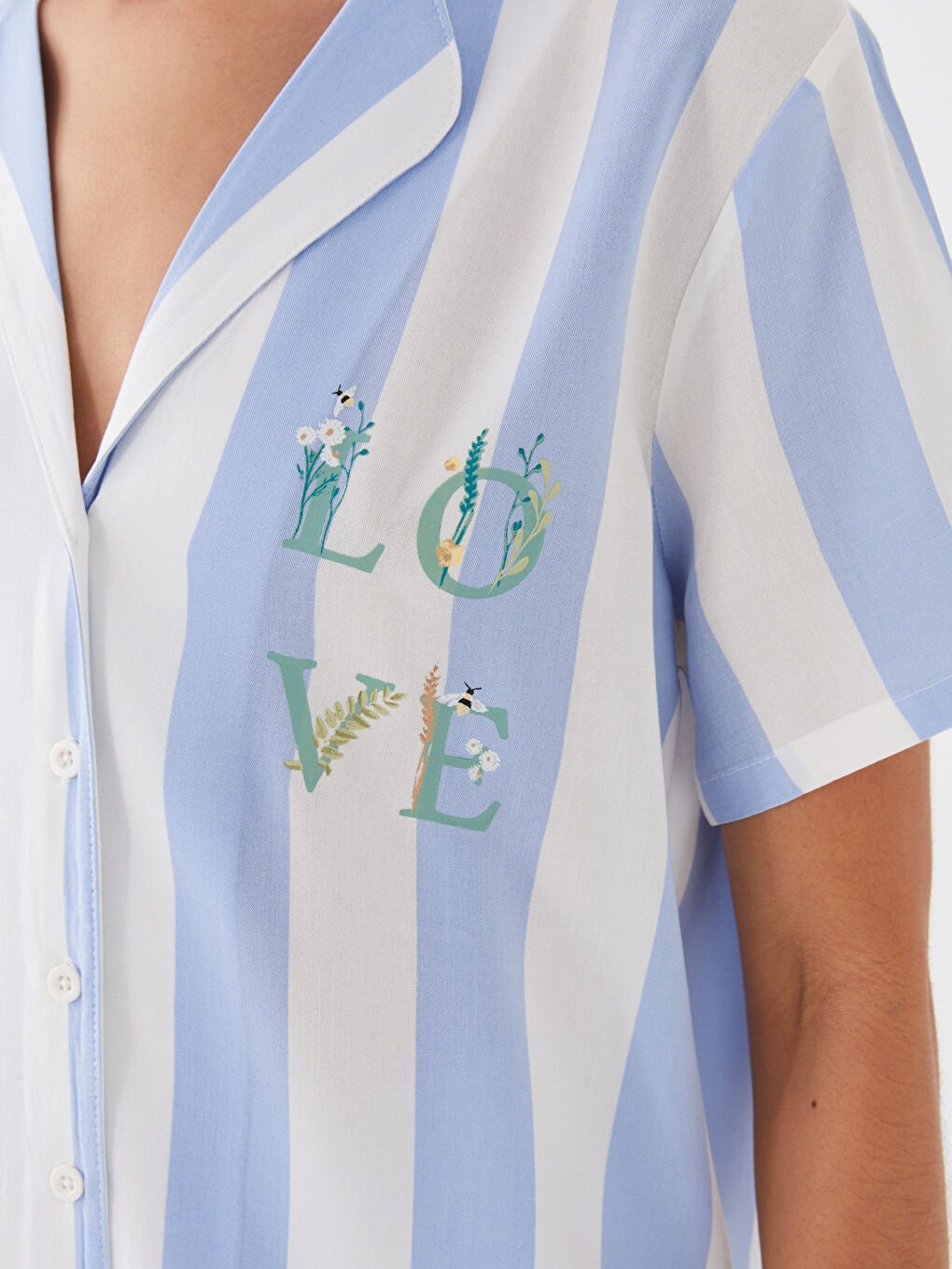 طقم بيجامة ياقة القميص بلوك الألوان كم قصير للسيدات-3