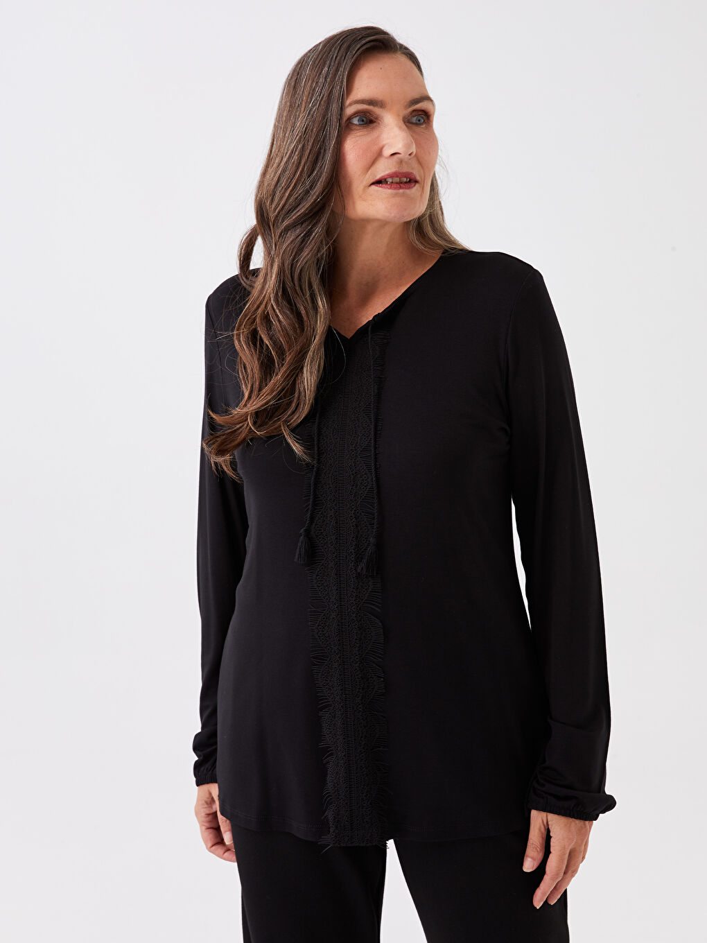 Tie Neck Embroidered Long Sleeve Women's Blouse-1