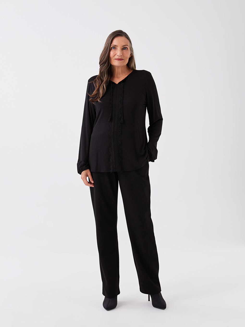 Tie Neck Embroidered Long Sleeve Women's Blouse-2